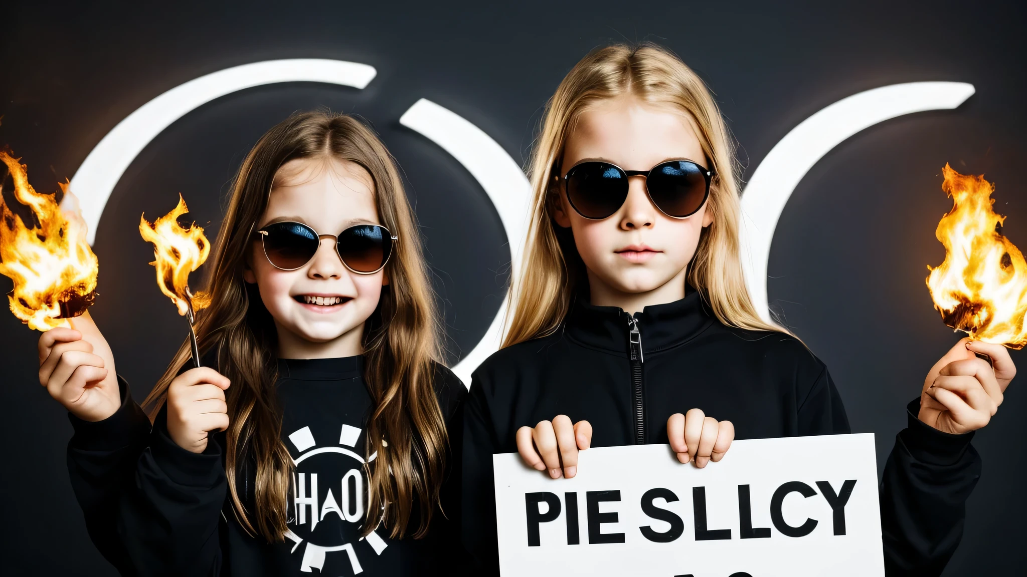 image of a kids girls blonde with sunglasses and a sign, halo on fire, heavy metal band promo,