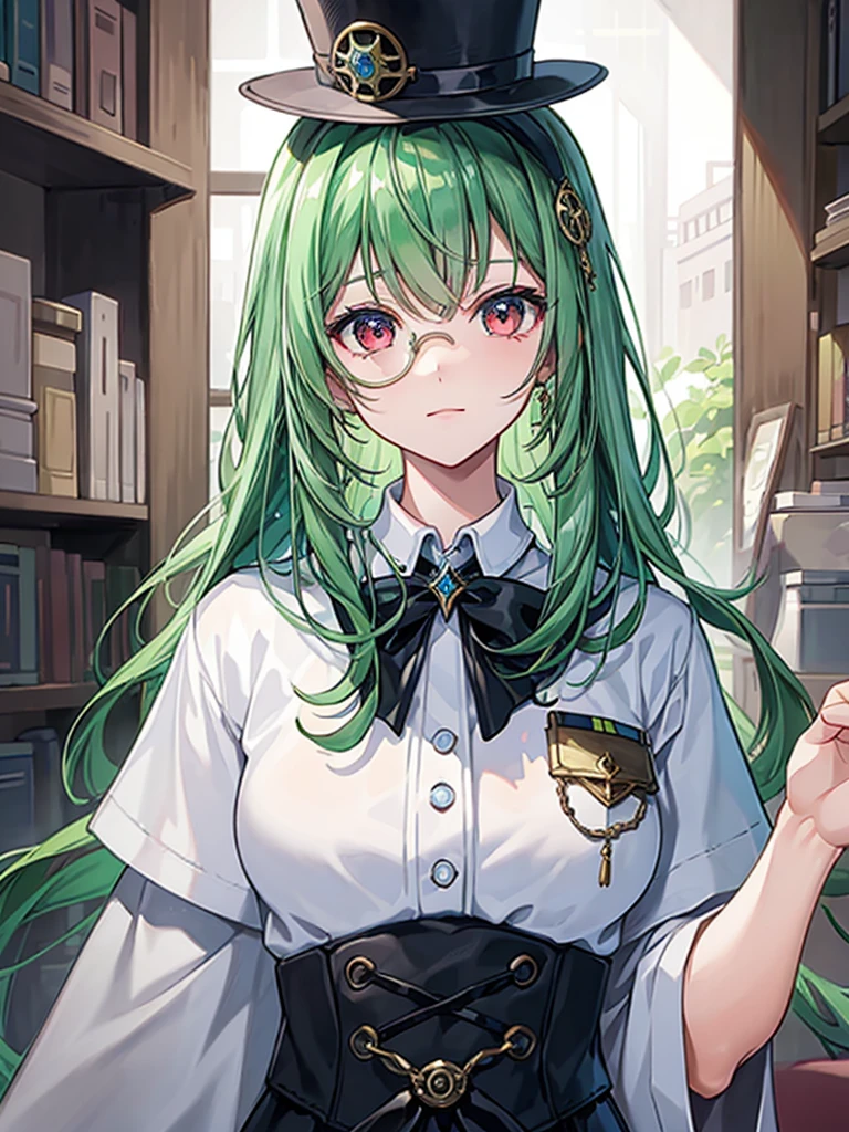 (((masterpiece、Highest image quality、highest quality、highly detailed unity 8kwallpaper)))、((Illustration of one girl、upper body))、(((beautiful girl)))、(librarian)、(Emerald green hair、sidelocks:1.2、red eyes)、(((crazy smile)))、(((flat chest)))、(monocle)、pocket watch、(((Black top hat、Black tuxedo)))、great medieval library
