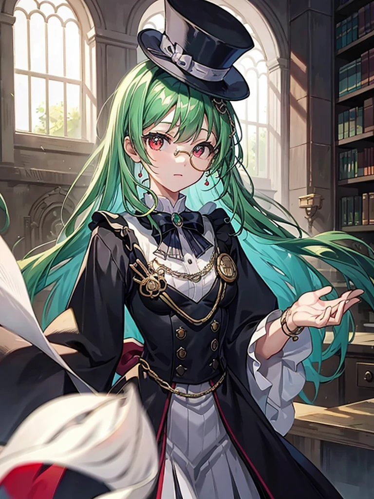 (((masterpiece、Highest image quality、highest quality、highly detailed unity 8kwallpaper)))、((Illustration of one girl、upper body))、(((beautiful girl)))、(librarian)、(Emerald green hair、sidelocks:1.2、red eyes)、(((crazy smile)))、(((flat chest)))、(monocle)、pocket watch、(((Black top hat、Black tuxedo)))、great medieval library