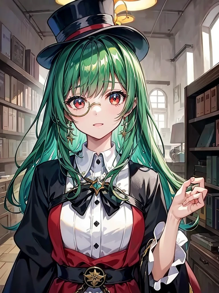 (((masterpiece、Highest image quality、highest quality、highly detailed unity 8kwallpaper)))、((Illustration of one girl、upper body))、(((beautiful girl)))、(librarian)、(Emerald green hair、sidelocks:1.2、red eyes)、(((crazy smile)))、(((flat chest)))、(monocle)、pocket watch、(((Black top hat、Black tuxedo)))、great medieval library
