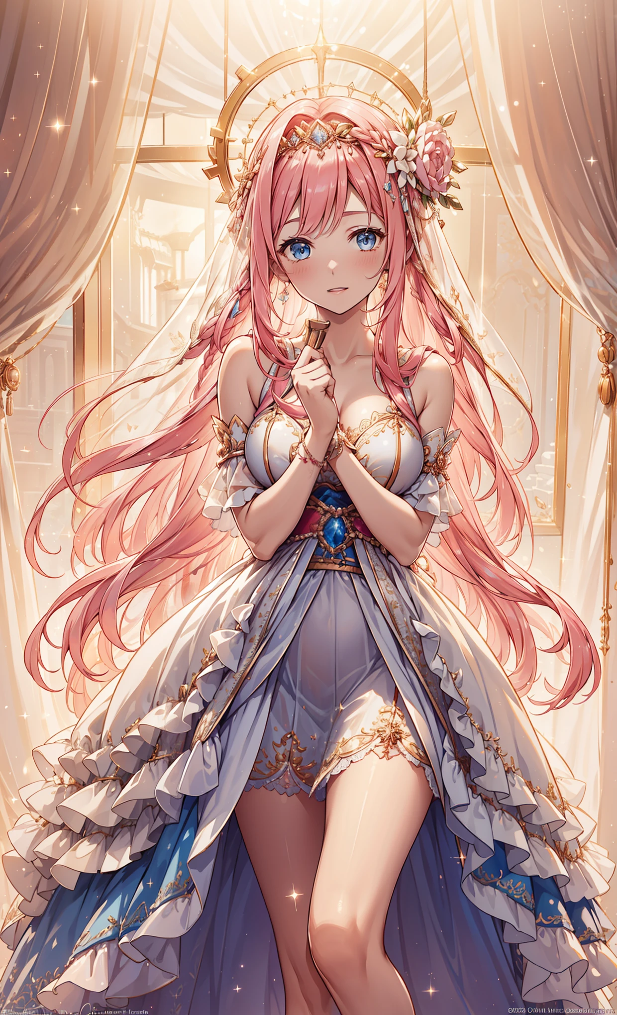 (best quality, high resolution, textured skin, high quality, high detail,Extremely detailed CG unification),teenage girl，obsessed，Divine happiness，in love，having fun，(Heavenly Maxi and Ballgown Combinations)，pink hair，blue eyes，(Fabric headdress)，Minimalism，multi-layered ruffles，lace，delicate embroidery，Exquisite pattern，Fabric headdress，dress nicely，sheer transparent clothes，bedroom，sparkling，(Appearing to be covered by a transparent skirt:1.1)，light，night，the only person，fluttering skirt，Exquisite and beautiful face，dynamic angle