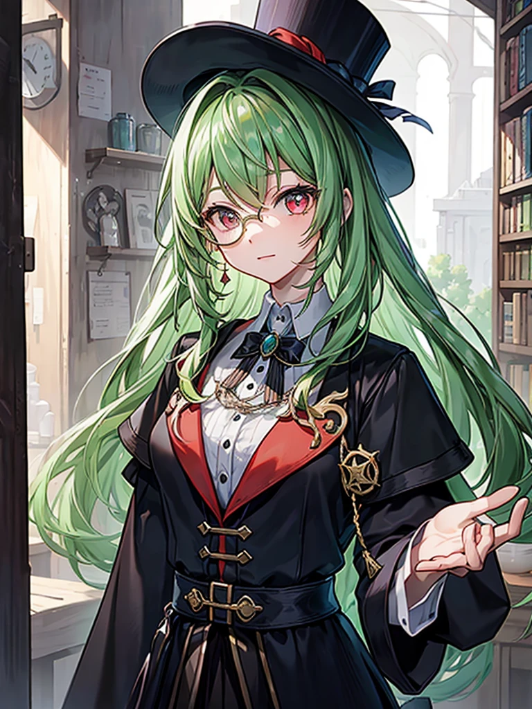 (((masterpiece、Highest image quality、highest quality、highly detailed unity 8kwallpaper)))、((Illustration of one girl、upper body))、(((beautiful girl)))、(librarian)、(Emerald green hair、sidelocks:1.2、red eyes)、(((crazy smile)))、(((flat chest)))、(monocle)、pocket watch、(((Black top hat、Black tuxedo)))、great medieval library