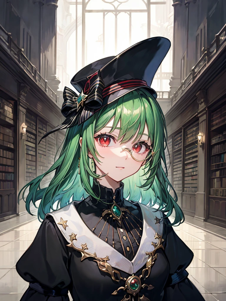 （（（masterpiece、Highest image quality、highest quality、highly detailed unity 8ｋwallpaper）））、（（Illustration of one girl、upper body））、（（（beautiful girl）））、（librarian）、（Emerald green hair、sidelocks：1.2、red eyes）、（（（crazy smile）））、（（（flat chest）））、（monocle）、pocket watch、（（（Black top hat、Black tuxedo）））、great medieval library