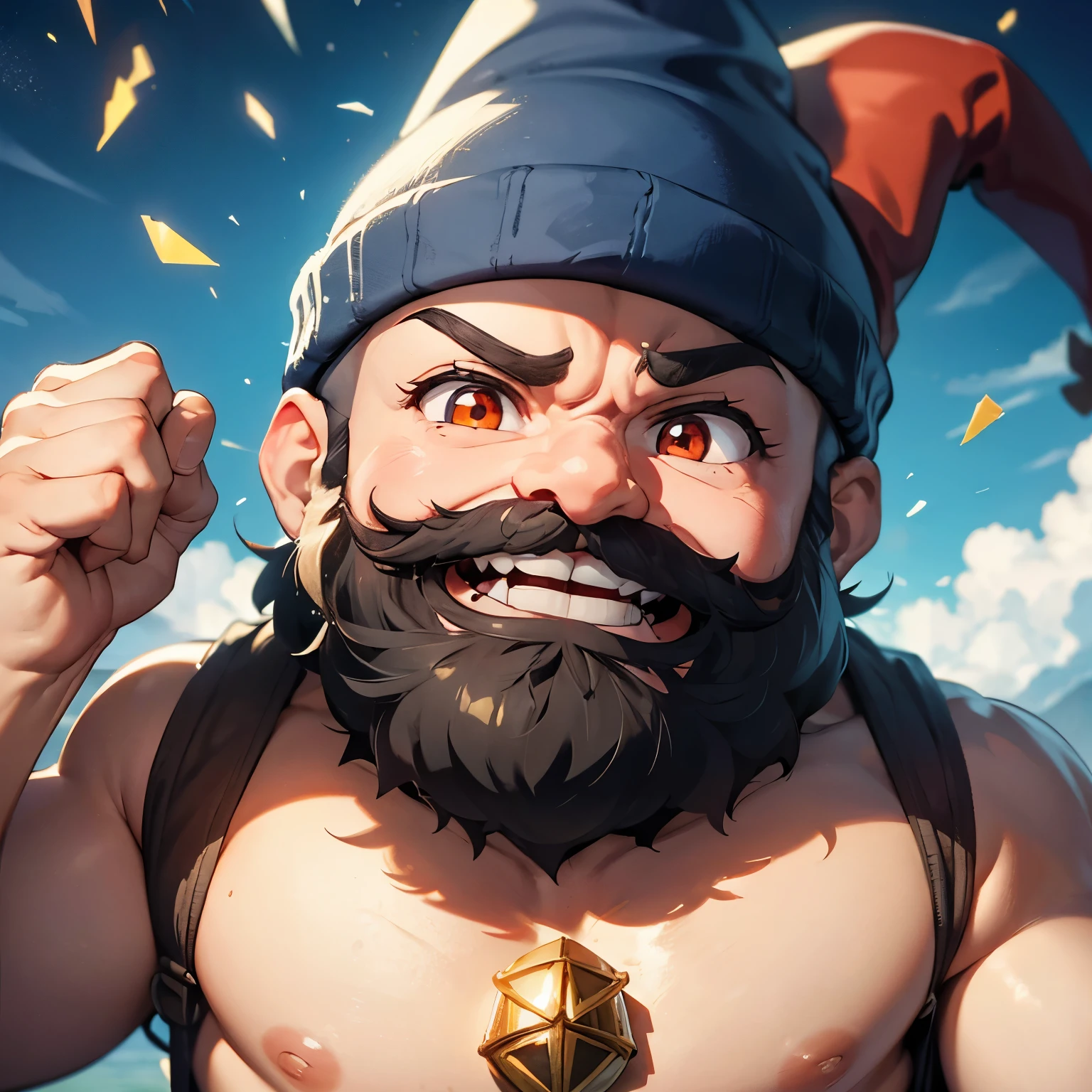 Bald muscular gnome with a red gnome hat, sem blusa, barba de gnomo branca, bruto com olhos vingativos, using magic prismatic brass knuckles, com um charuto na boca