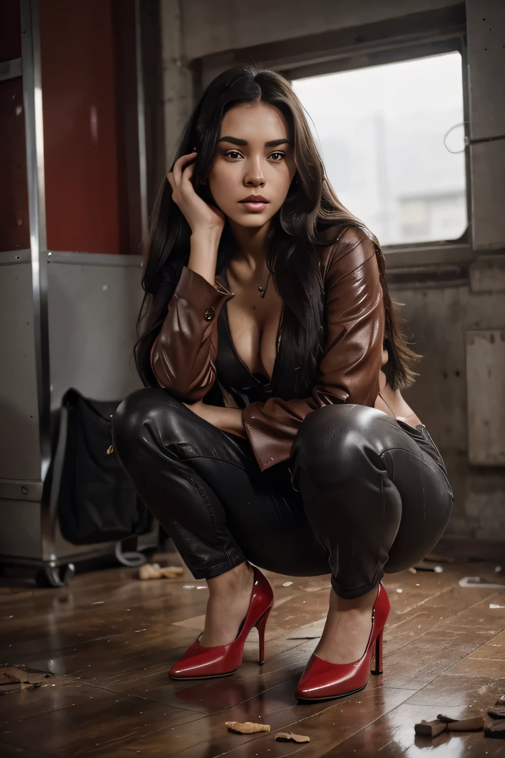 arafed busty woman with long dark hair a picture by Sebastian Vrancx, detailed face, detailed eyes, portrait, , kailee mandel, black hair and brown eyes, 2 4 year old female model, victoria siemer, dark hair, violet myers, :: madison beer, messy long black hair, christina kritkou, messy brown hair, a woman in red pumps are wearing grey pants with red heels, in the style of y2k aesthetic, the snapshot aesthetic, moody monotones, utilitarian objects, swiss style, cinquecento, leather/hide