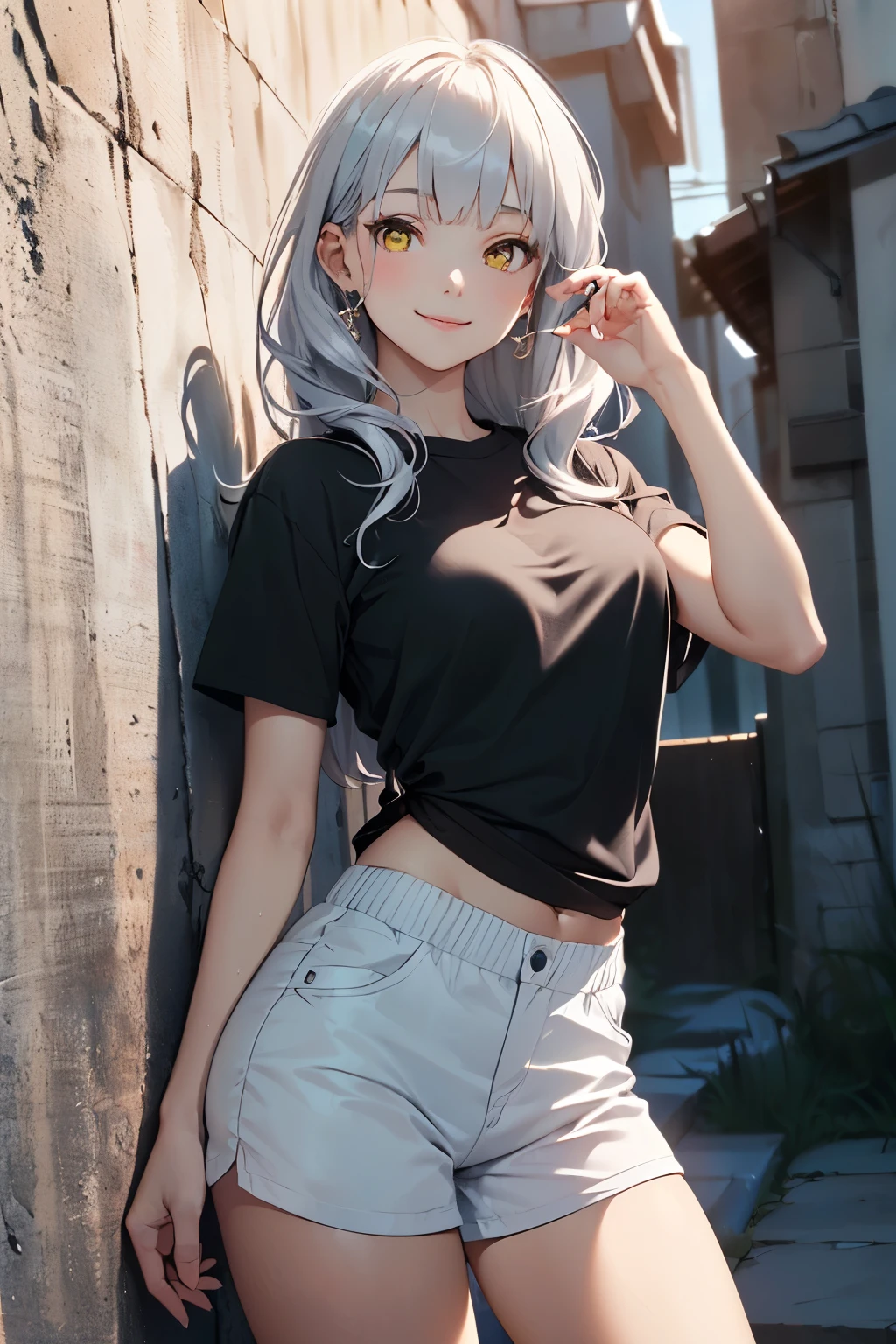 masterpiece, top-quality, the Extremely Detailed CG Unity 8K Wallpapers, Ultra-realistic 8kCG, perfect artwork, The perfect female figure, Dramatic shadows, (spot light, Perfect lighting, Detailed light, (((1girl in))), ((Sharp face)), ((silver hair, waved hair, medium long hair)), (((sexypose))), ((yellow eyes)), Model body type, medium breasts, ((cute face)), (gently smiling: 1.2), (asymmetrical bangs, beautiful eyelashes), beautiful girl, Exquisite facial features depicting the perfect face, Cold, Naturally beautiful, Sweating, slender body, Light and beautiful thigh expression, loose plain white shirt, see through shirt, shorts, Loose Socks, in the backyard, Night, (((Leaning on the wall, is standing))), award winning photo, detailed, realistic light and shadow, 8K分辨率, Professional Lighting, (glistening skin:0.9), perfect hand,