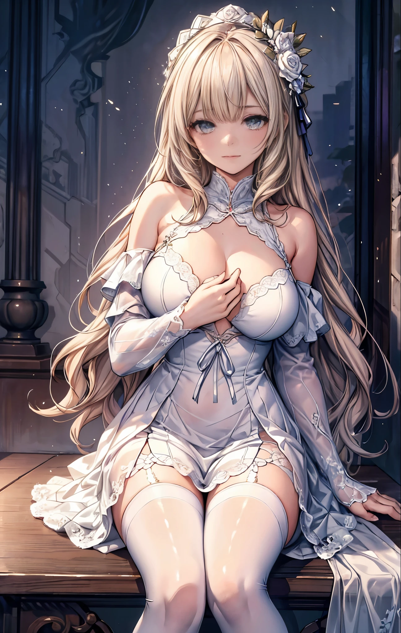 {{masterpiece}},best quality,Highly detailed CG Unity 8K wallpaper,One woman,movie lighting,lens flare glow,
perfect style, perfect body, off shoulder dress, Floral lace, It has a lot of ribbons, emphasize the chest, shiny thighs, costume with lace, The luxurious interior of a high-class brothel, white rose flower, Lace white stockings,