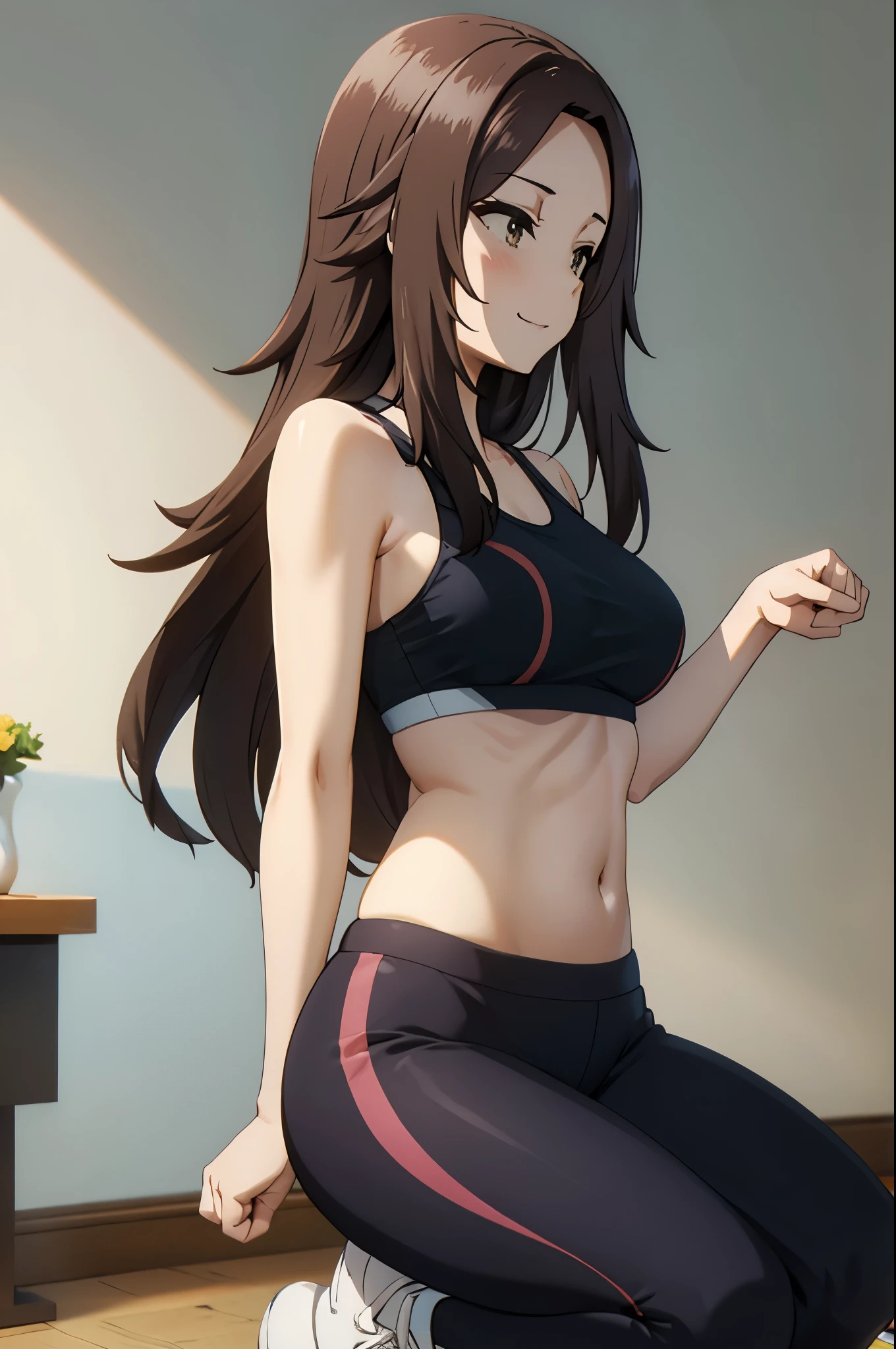 brown hair, brown eyes, long hair, looking at viewer, solo,forehead,masterpiece, best quality, photorealistic, yujiasuit, yoga sports bra, yoga pants, 1girl, solo, , yoga ball, pants, looking away, smile, green sports bra, simple background, , midriff, long hair, breasts, green pants, sportswear, tank top, upper body,Eager Pet Pose,((embarassed,blush))
