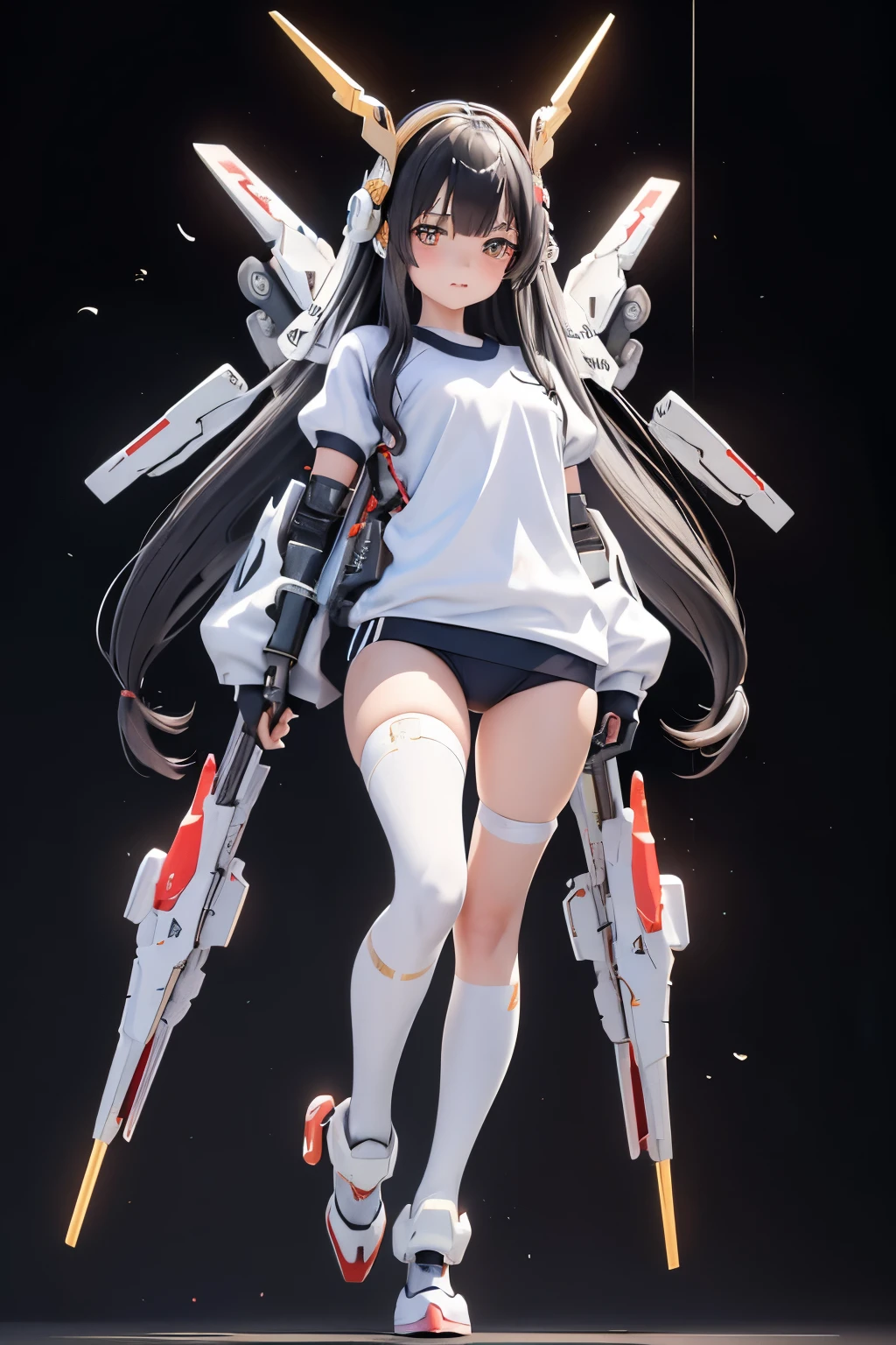 (highest quality)), ((masterpiece)), (very detailed: 1.3), 3D, {(ung girl)}, (wear navy buruma and white gym uniform with colored hem under armor:1.3), (black hair:1.5), (She is fused with futuristic Gundam mecha:1.2), with headgear, with v-fin , armored shoulders,armored under arms, armored under legs, short sleeve, attached 2 huge weapons on back, legs mounted weapon module, multilayer textureperfect proportions, octane rendering, duotone lighting, Low ISO, wide aperture, White balance, Rule of thirds, ultra HD16k, HDR (High Dynamic Range), Ray Tracing, NVIDIA RTX, Super Resolution, Subsurface Scattering, PBR Texturing, Post Processing, Anisotropic Filtering, Depth of Field, Maximum Clarity and Clarity, High efficiency subpixel, subpixel convolution, particles of light, light scattered, Tyndall effect, full body:1.5, battle pose, cute, (cute:1.2), (long hair:1.3),太い眉毛, 薄い色の虹彩, 大きくて輝いている黒い瞳, 長いまつげ, 小さく薄い色の自然な唇, (Average face of Japanese idols), (日本人特有の童顔:1.3), (baby face), 広いおでこ:1.2, ふっくらした頬, 小さな顎, in the hangar,looking at viewer,Focus on the eyes , (完璧な4本の指, 親指1本),