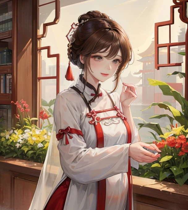 masterpiece, best quality, married woman, aldult, Chinese style, China, elder sister, Smile, brown hair, princess cut, Single braid,Full of motherhood,传统China服装,purely,blush,Dignified yet lively,Mother,Put your hands on your belly,thin lips,pregnancy,Mature