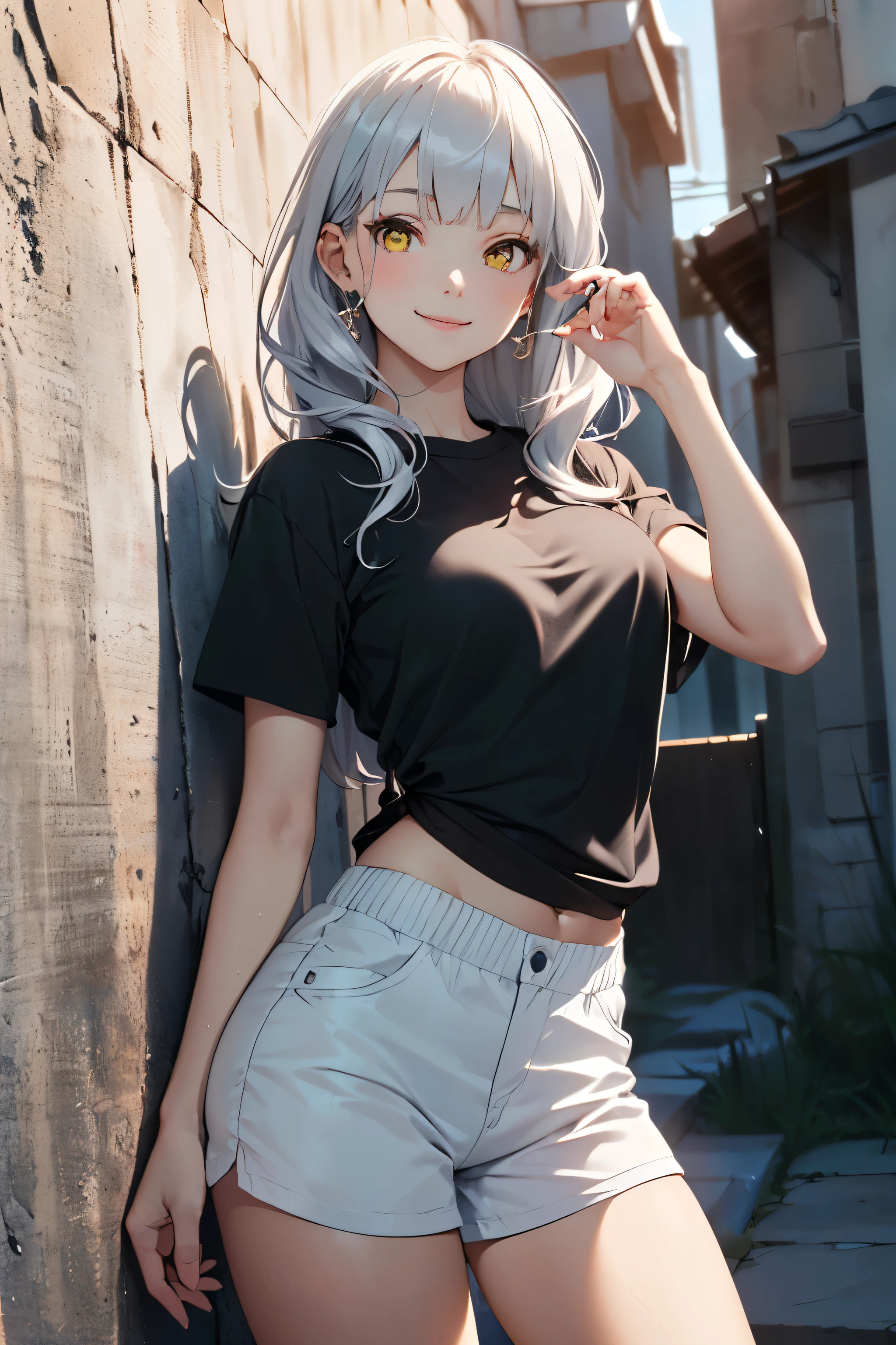masterpiece, top-quality, the Extremely Detailed CG Unity 8K Wallpapers, Ultra-realistic 8kCG, perfect artwork, The perfect female figure, Dramatic shadows, (spot light, Perfect lighting, Detailed light, (((1girl in))), ((Sharp face)), ((silver hair, waved hair, medium long hair)), (((sexypose))), ((yellow eyes)), Model body type, medium breasts, ((cute  face)), (gently smiling: 1.2), (asymmetrical bangs, beautiful eyelashes), beautiful girl, Exquisite facial features depicting the perfect face, Cold, Naturally beautiful, Sweating, slender body, Light and beautiful thigh expression, loose plain white shirt, see through shirt, shorts, Loose Socks, in the backyard, Night, (((Leaning on the wall, is standing))), award winning photo, detailed, realistic light and shadow, 8K分辨率, Professional Lighting, (glistening skin:0.9), perfect hand,
