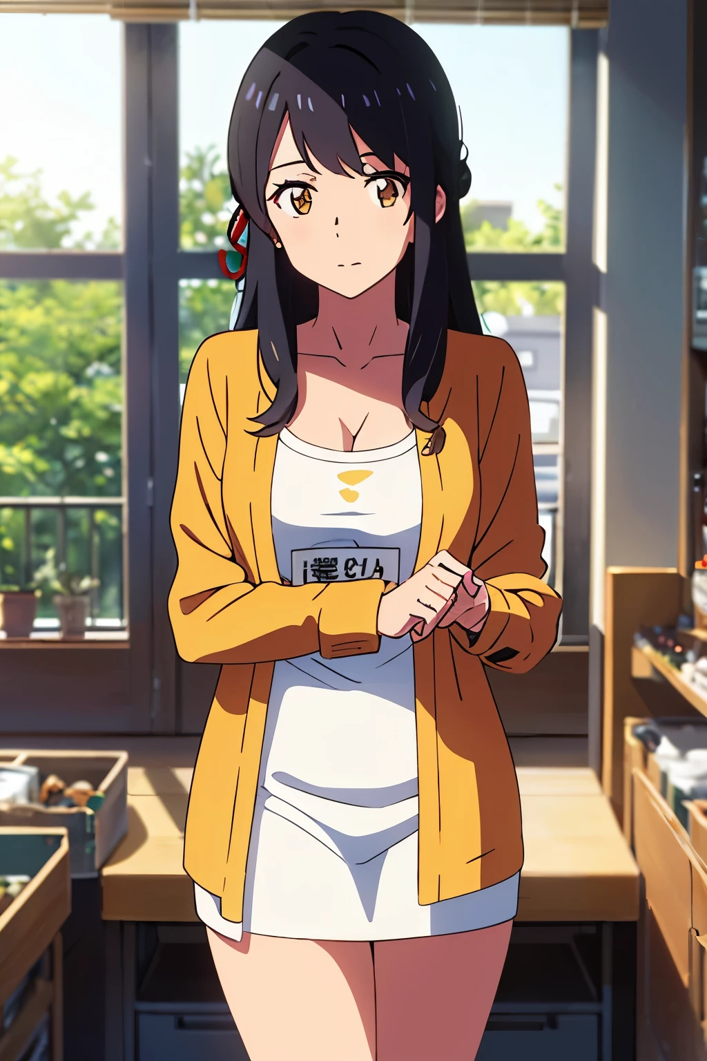 shinkai makoto, kimi no na wa., 1girl, bangs, black hair, brown eyes, twisted half up, red ribbon, long hair, long sleeve light yellow cardigan, open shirt, yellow shirt, cleavage, breast, medium breast, Orange shirt, name tag written "LUMINE Miyamizu", looking at the viewer, indoors, jewelry products, jewelry shop, jewelry saleswoman, indoors, mallmasterpiece, perfect anatomy, cowboyshot