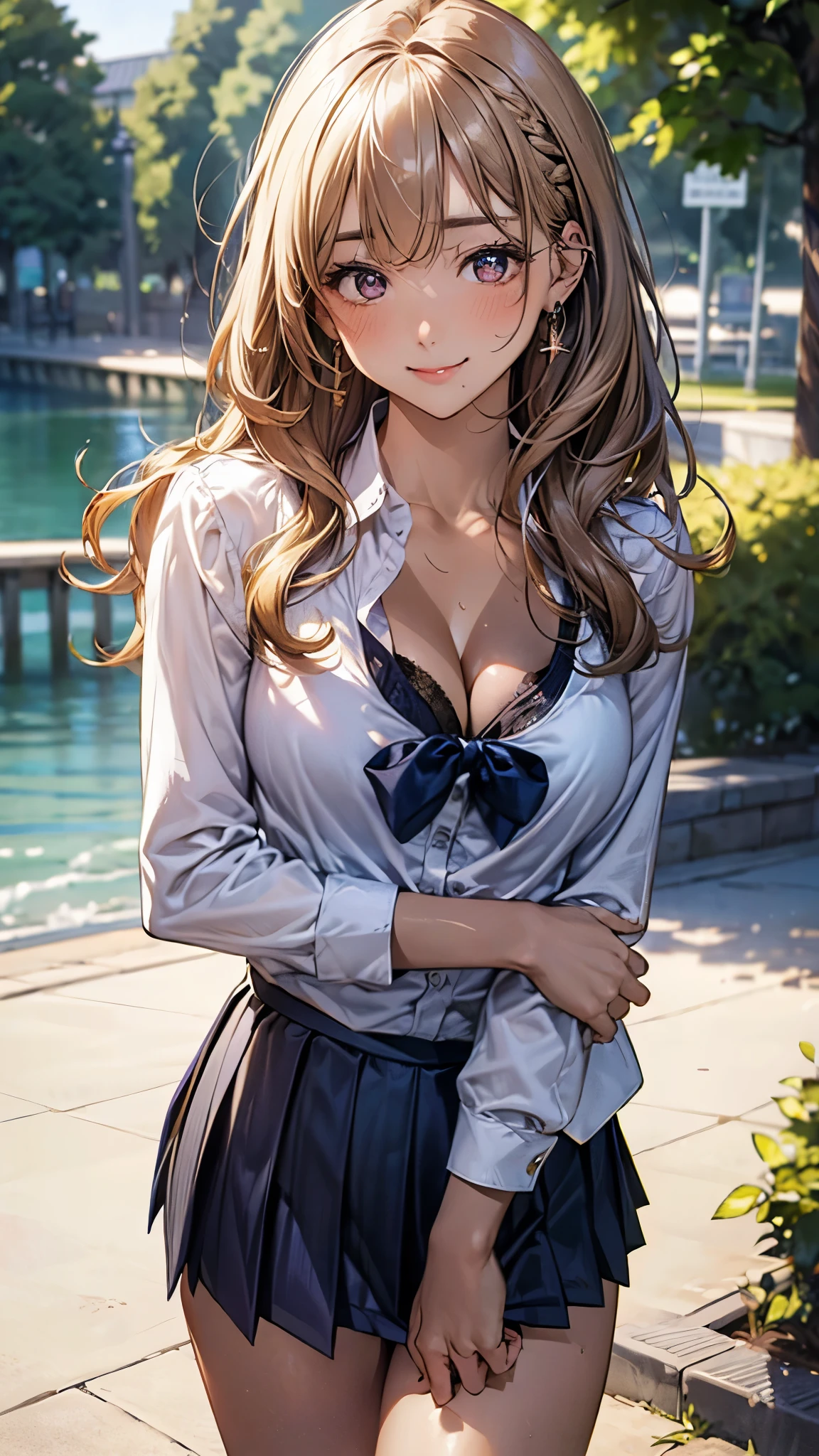 (masterpiece:1.2, top-quality), (realistic, photorealistic:1.4), beautiful illustration, (natural side lighting, movie lighting), 
looking at viewer, cowboy shot, front view, 1 girl, japanese, high school girl, perfect face, cute and symmetrical face, (suntan, tanline), 
(middle hair, wavy hair, blond hair), blunt bangs, gold eyes, (missle breasts:0.6, seductive thighs, big ass), piercings, 
beautiful hair, beautiful face, beautiful detailed eyes, beautiful clavicle, beautiful body, beautiful chest, beautiful thigh, beautiful legs, beautiful fingers, 
((long sleeve white collared shirts, cleavage, navy pleated mini skirt)), 
(beautiful scenery), evening, riverside, walking, (lovely smile, upper eyes), 