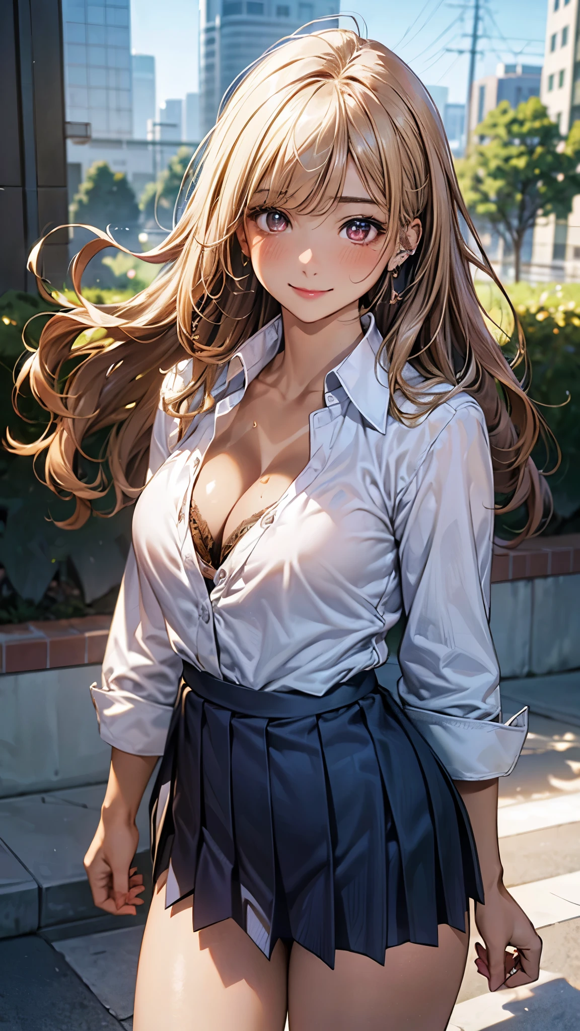 (masterpiece:1.2, top-quality), (realistic, photorealistic:1.4), beautiful illustration, (natural side lighting, movie lighting),
looking at viewer, cowboy shot, front view, 1 girl, japanese, high school girl, perfect face, cute and symmetrical face, (suntan, tanline),
(middle hair, wavy hair, blond hair), blunt bangs, gold eyes, (missle breasts:0.6, seductive thighs, big ass), piercings,
beautiful hair, beautiful face, beautiful detailed eyes, beautiful clavicle, beautiful body, beautiful chest, beautiful thigh, beautiful legs, beautiful fingers,
((long sleeve white collared shirts, cleavage, navy pleated mini skirt)),
(beautiful scenery), evening, riverside, walking, (lovely smile, upper eyes),