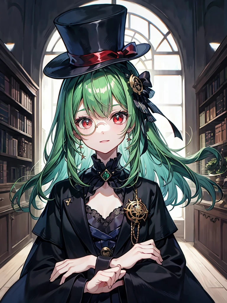 （（（masterpiece、Highest image quality、highest quality、highly detailed unity 8ｋwallpaper）））、（（Illustration of one girl、upper body））、（（（beautiful girl）））、（librarian）、（Emerald green hair、sidelocks：1.2、red eyes）、（（（crazy smile）））、（（（flat chest）））、（monocle）、pocket watch、（（（Black top hat、Black tuxedo）））、great medieval library