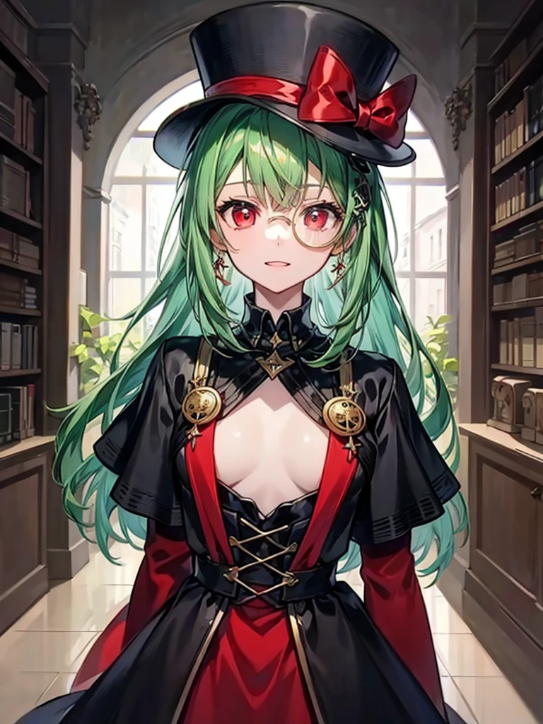 (((masterpiece、Highest image quality、highest quality、highly detailed unity 8kwallpaper)))、((Illustration of one girl、upper body))、(((beautiful girl)))、(librarian)、(Emerald green hair、sidelocks:1.2、red eyes)、(((crazy smile)))、(((flat chest)))、(monocle)、pocket watch、(((Black top hat、Black tuxedo)))、great medieval library