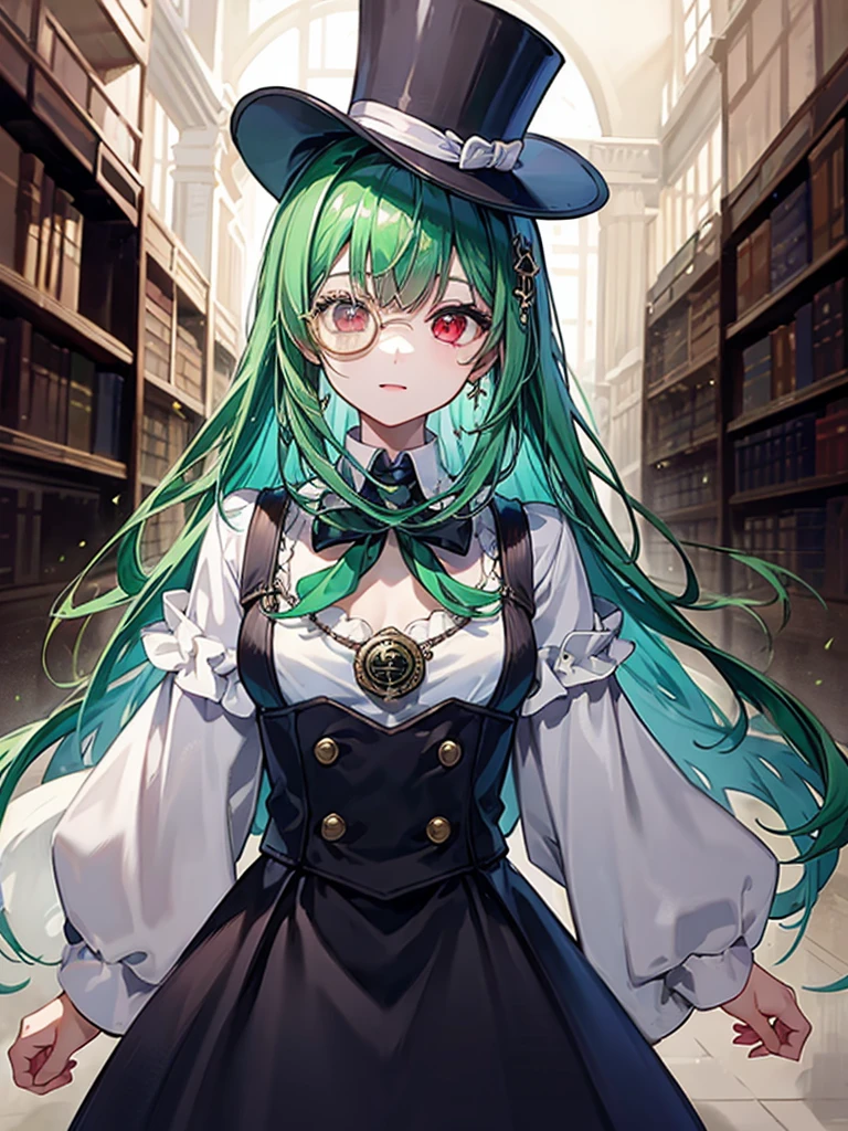 (((masterpiece、Highest image quality、highest quality、highly detailed unity 8kwallpaper)))、((Illustration of one girl、upper body))、(((beautiful girl)))、(librarian)、(Emerald green hair、sidelocks:1.2、red eyes)、(((crazy smile)))、(((flat chest)))、(monocle)、pocket watch、(((Black top hat、Black tuxedo)))、great medieval library