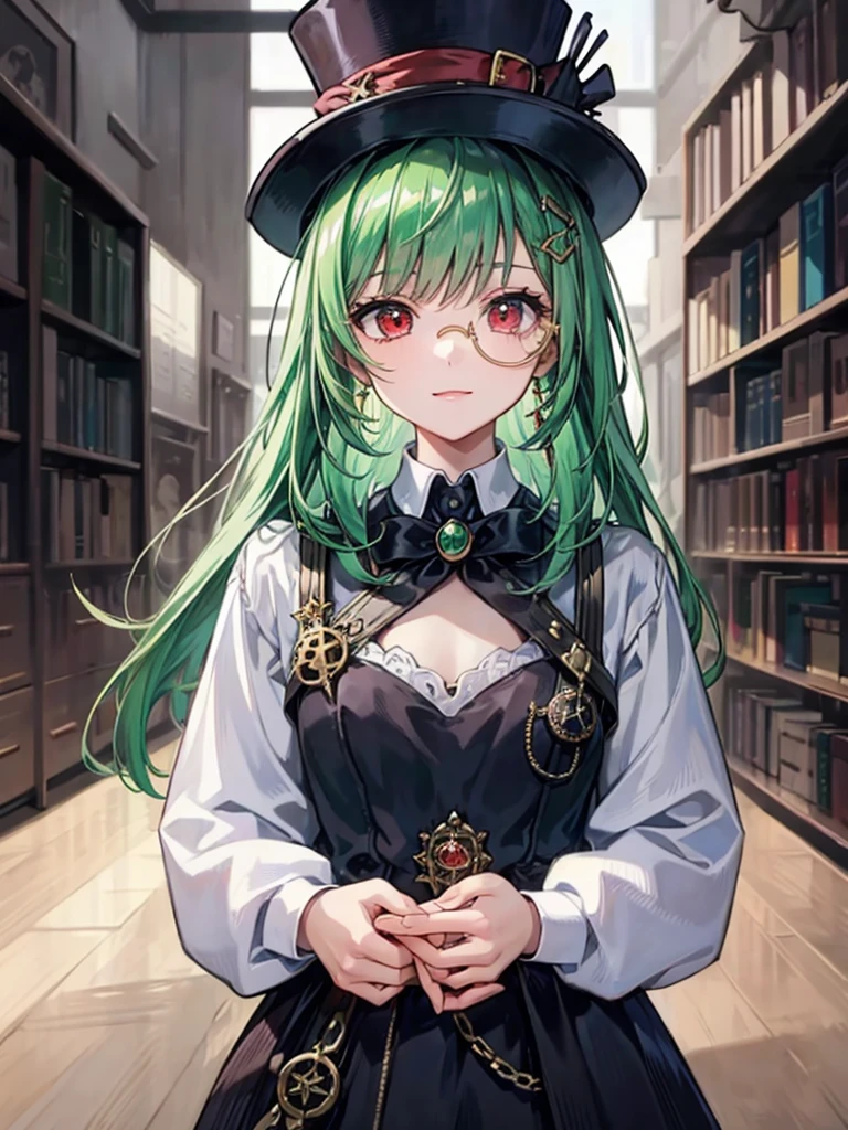 （（（masterpiece、Highest image quality、highest quality、highly detailed unity 8ｋwallpaper）））、（（Illustration of one girl、upper body））、（（（beautiful girl）））、（librarian）、（Emerald green hair、sidelocks：1.2、red eyes）、（（（crazy smile）））、（（（flat chest）））、（monocle）、pocket watch、（（（Black top hat、Black tuxedo）））、great medieval library