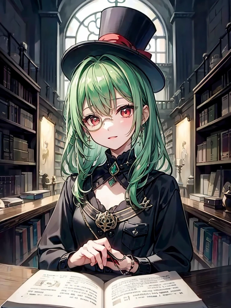 (((masterpiece、Highest image quality、highest quality、highly detailed unity 8kwallpaper)))、((Illustration of one girl、upper body))、(((beautiful girl)))、(librarian)、(Emerald green hair、sidelocks:1.2、red eyes)、(((crazy smile)))、(((flat chest)))、(monocle)、pocket watch、(((Black top hat、Black tuxedo)))、great medieval library
