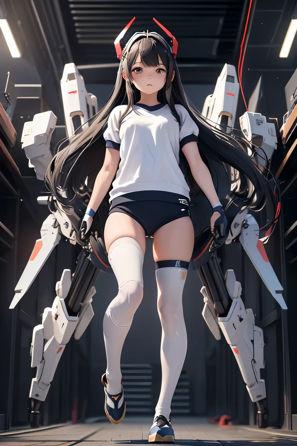 (highest quality)), ((masterpiece)), (very detailed: 1.3), 3D, {(1  girl)}, (wear navy buruma and white gym uniform with colored hem under armor:1.3), (black hair:1.5), (She is fused with futuristic Gundam mecha:1.2), with headgear, with v-fin , armored shoulders,armored under arms, armored under legs, short sleeve, attached 2 huge weapons on back, legs mounted weapon module, multilayer textureperfect proportions, octane rendering, duotone lighting, Low ISO, wide aperture, White balance, Rule of thirds, ultra HD16k, HDR (High Dynamic Range), Ray Tracing, NVIDIA RTX, Super Resolution, Subsurface Scattering, PBR Texturing, Post Processing, Anisotropic Filtering, Depth of Field, Maximum Clarity and Clarity, High efficiency subpixel, subpixel convolution, particles of light, light scattered, Tyndall effect, full body:1.5, battle pose, cute, (cute:1.2), (long hair:1.3),太い眉毛, 薄い色の虹彩, 大きくて輝いている黒い瞳, 長いまつげ, 小さく薄い色の自然な唇, (Average face of Japanese idols), (日本人特有の童顔:1.3), (baby おでこ:1.2, ふっくらした頬, 小さな顎, in the hangar,looking at viewer,Focus on the eyes , (完璧な4本の指, 親指1本),