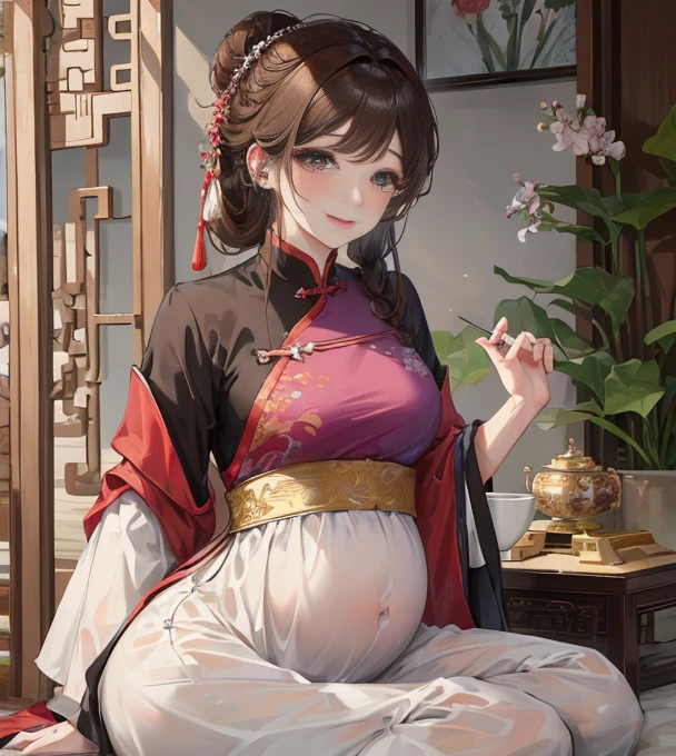 masterpiece, best quality, married woman, aldult, Chinese style, China, elder sister, Smile, brown hair, princess cut, Single braid,Full of motherhood,传统China服装,purely,blush,Dignified yet lively,Mother,Put your hands on your belly,thin lips,pregnancy,Mature