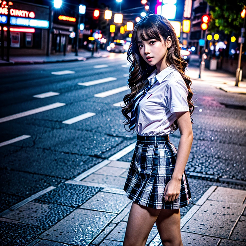 Girl in a Sexy School uniform (checkered pattern mini skirt and short Thin tight shirt), Sexy and seductive poses, On sidewalk in the city, Realistic photos, high ponytail, wavy hair, wavy hair, long hair, light brown hair, eye reflection, sparkling eyes, open mouth, oral invitation, naughty, naughty face, naughty, depth of field, ray tracing, chromatic aberration abuse, sparkle, drop shadow, multiple views, bokeh, cowboy shot, masterpiece, ccurate, anatomically correct, textured skin, super detail, high quality, best quality, highres, 8k, 4K