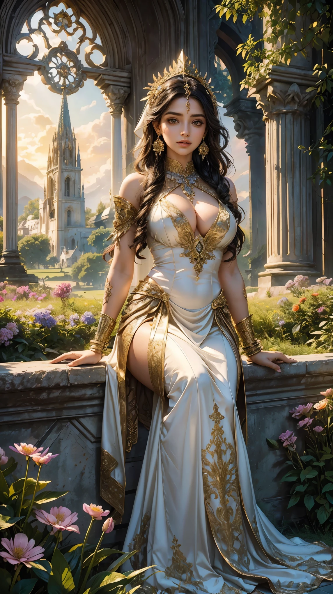 (1girl:1.3), extremely detailed,(colorful:1.1)(flowers:1.3),highest detailed, (dynamic pose), (shiny skin), ,(earrings:1.4), masterpiece,studio ghibli style,highly intricate,highly detailed,photorealism style (background: a church in the middle of a lush green field, romantic landscape, beautiful summer landscape, beautiful garden, floral sunset, romantic greenery, garden landscape, beautiful landscape, beautiful dreamy landscape, beautiful terrace, landscape scenery, beautiful scenic landscape, natural landscape beauty, beautiful garden on background, flower garden, sunny landscape, at sunrise in springtime, flower garden summer morning, dreamy landscape ) a woman in a white and gold outfit, black hair, Big , sexy cleavage, sexy curves, sexy sitting pose, of indian princess, sitting , ellora, maya ali sorcerer, shakti, maya ali sorceress, beautiful costume, silver ornaments, wearing an ornate outfit, golden and silver jewerly, white royal dress, hindu