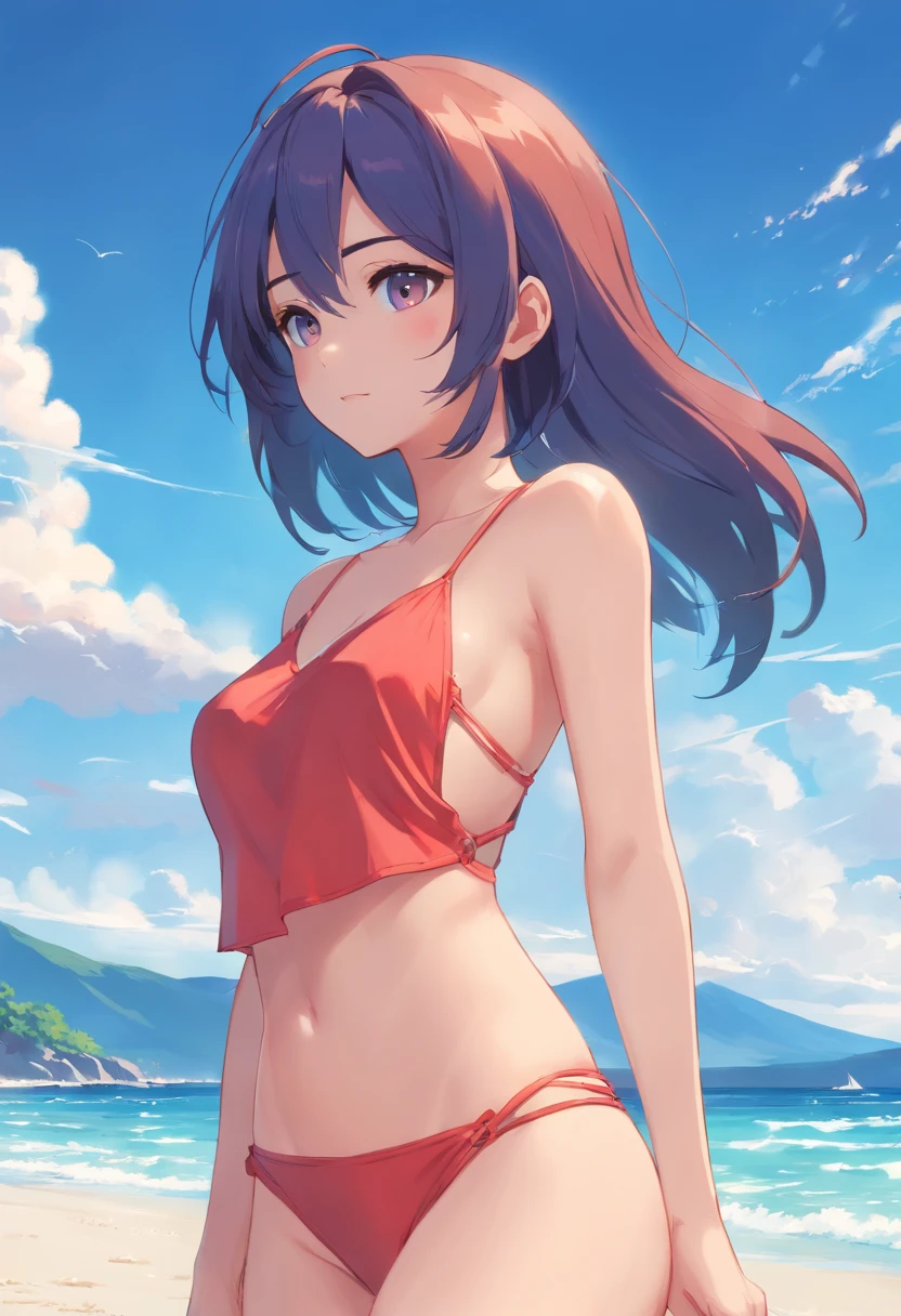 Cuatro mujeres sin ropa en la playa, sin ropa, ojos azules, pelo rojo, sin ropa, anime