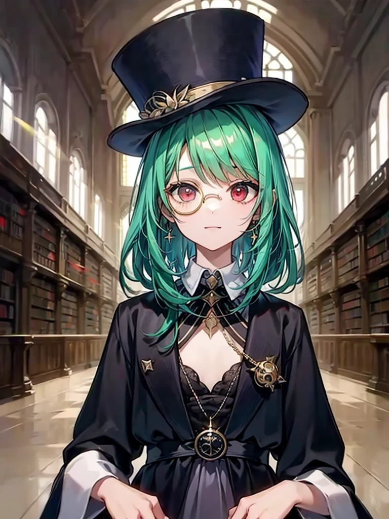(((masterpiece、Highest image quality、highest quality、highly detailed unity 8kwallpaper)))、((Illustration of one girl、upper body))、(((beautiful girl)))、(librarian)、(Emerald green hair、sidelocks:1.2、red eyes)、(((crazy smile)))、(((flat chest)))、(monocle)、pocket watch、(((Black top hat、Black tuxedo)))、great medieval library