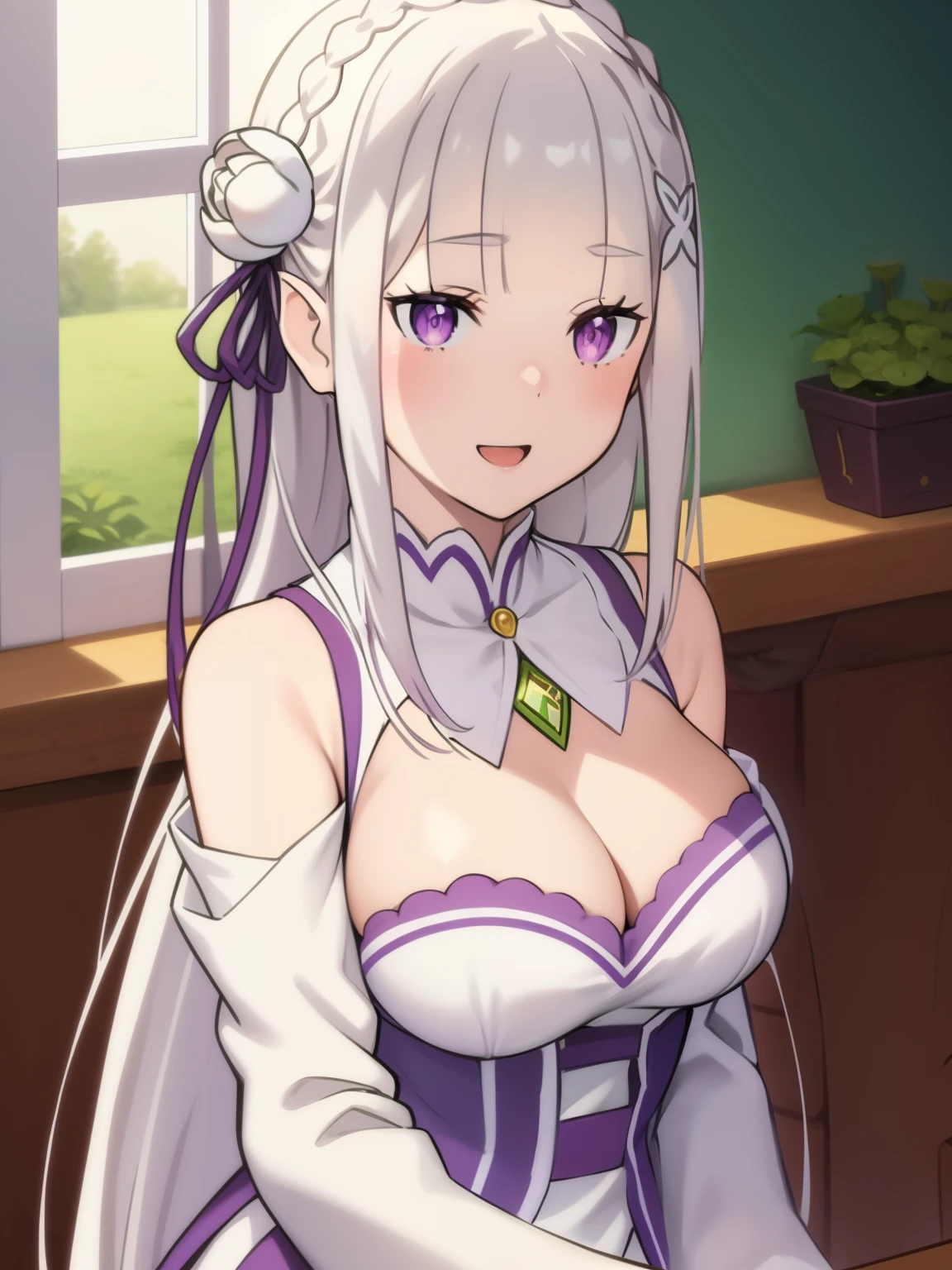 Emilia 
masterpiece, best quality,
1girl, :d, bangs, bare_shoulders, blush, bouquet, braid, breasts, cleavage, daisy, earrings, emilia_\(re:zero\), eyebrows_visible_through_hair, floral_background, flower, hair_flower, hair_ornament, holding, holding_bouquet, holding_flower, jewelry, lily_\(flower\), lily_pad, long_hair, looking_at_viewer, lotus, medium_breasts, necklace, open_mouth, pendant, purple_eyes, ribbon, silver_hair, single_braid, smile, solo, tulip, upper_body, white_flower, white_rose