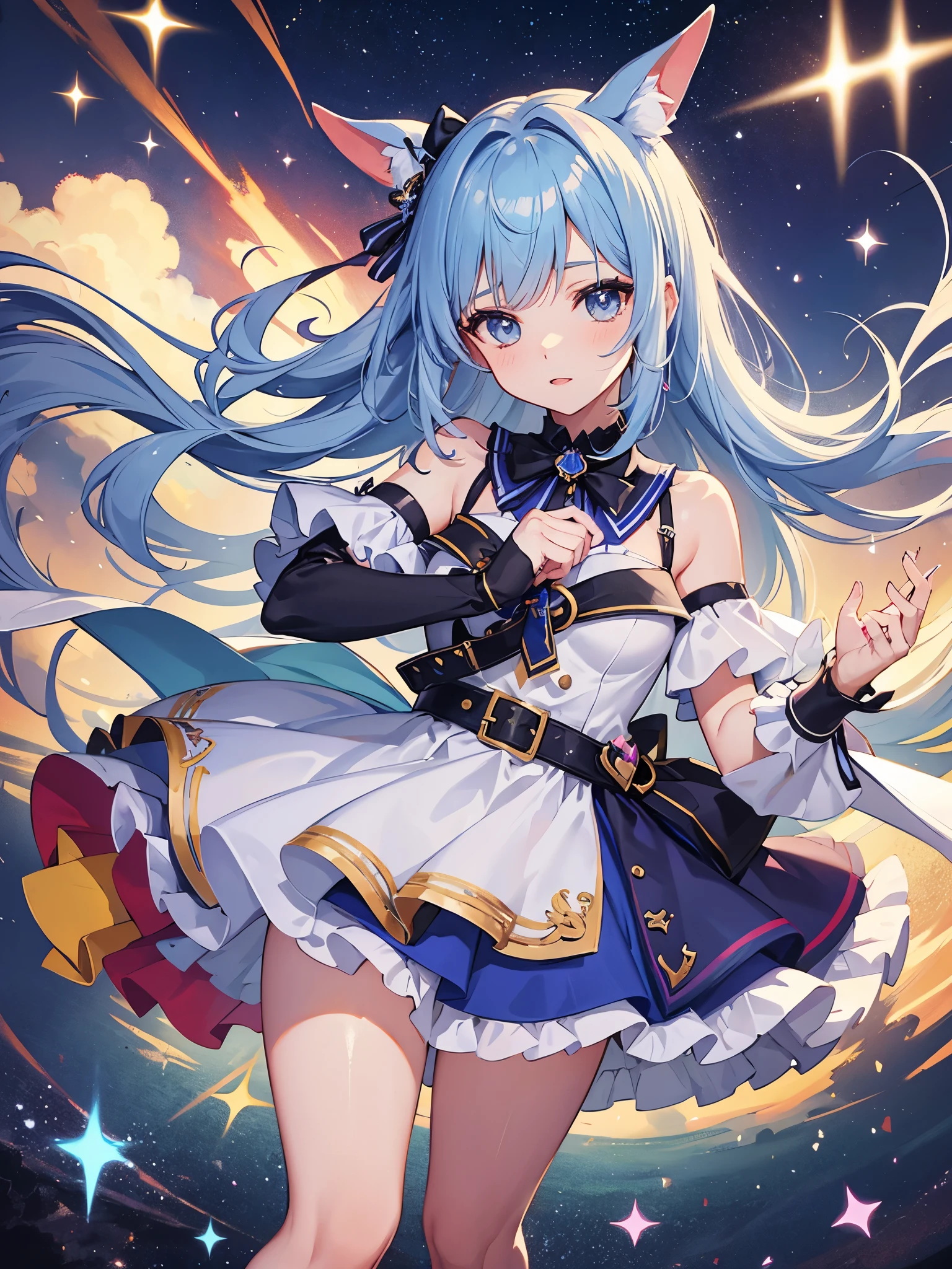 girls, FAMAS assault rifle, colorful hair, colorful eyes, ((french style dress)), idol, ((magical girl))