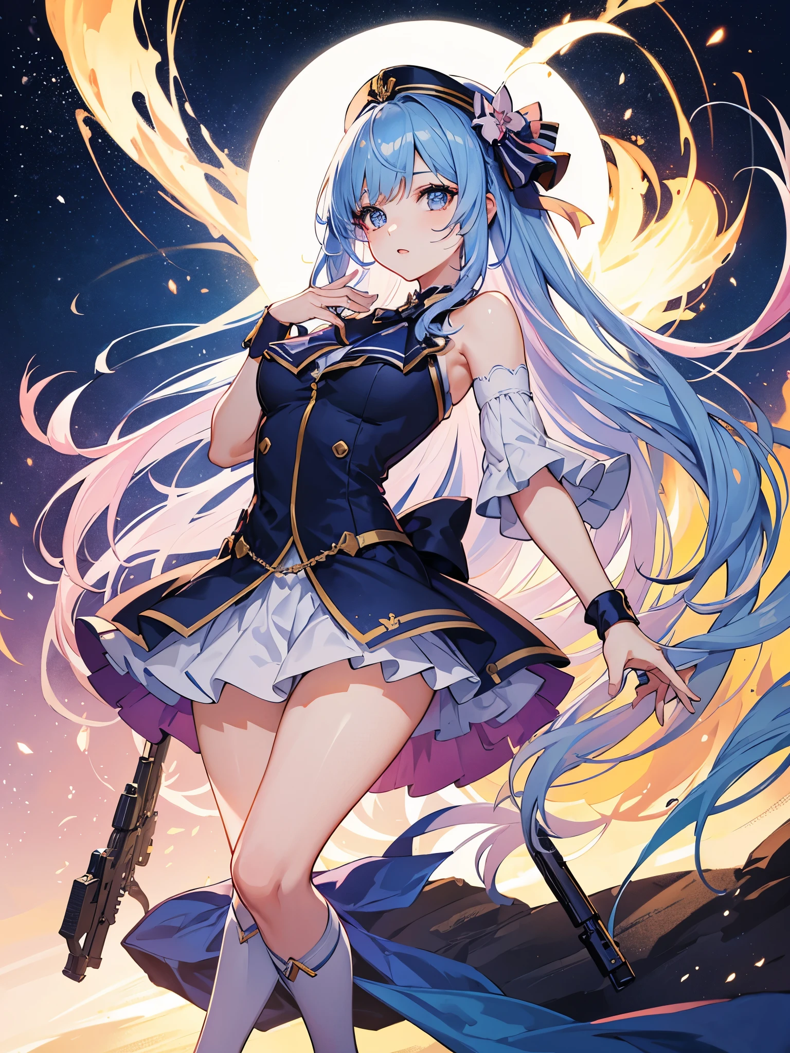 girls, FAMAS assault rifle, colorful hair, colorful eyes, ((french style dress)), idol, ((magical girl))