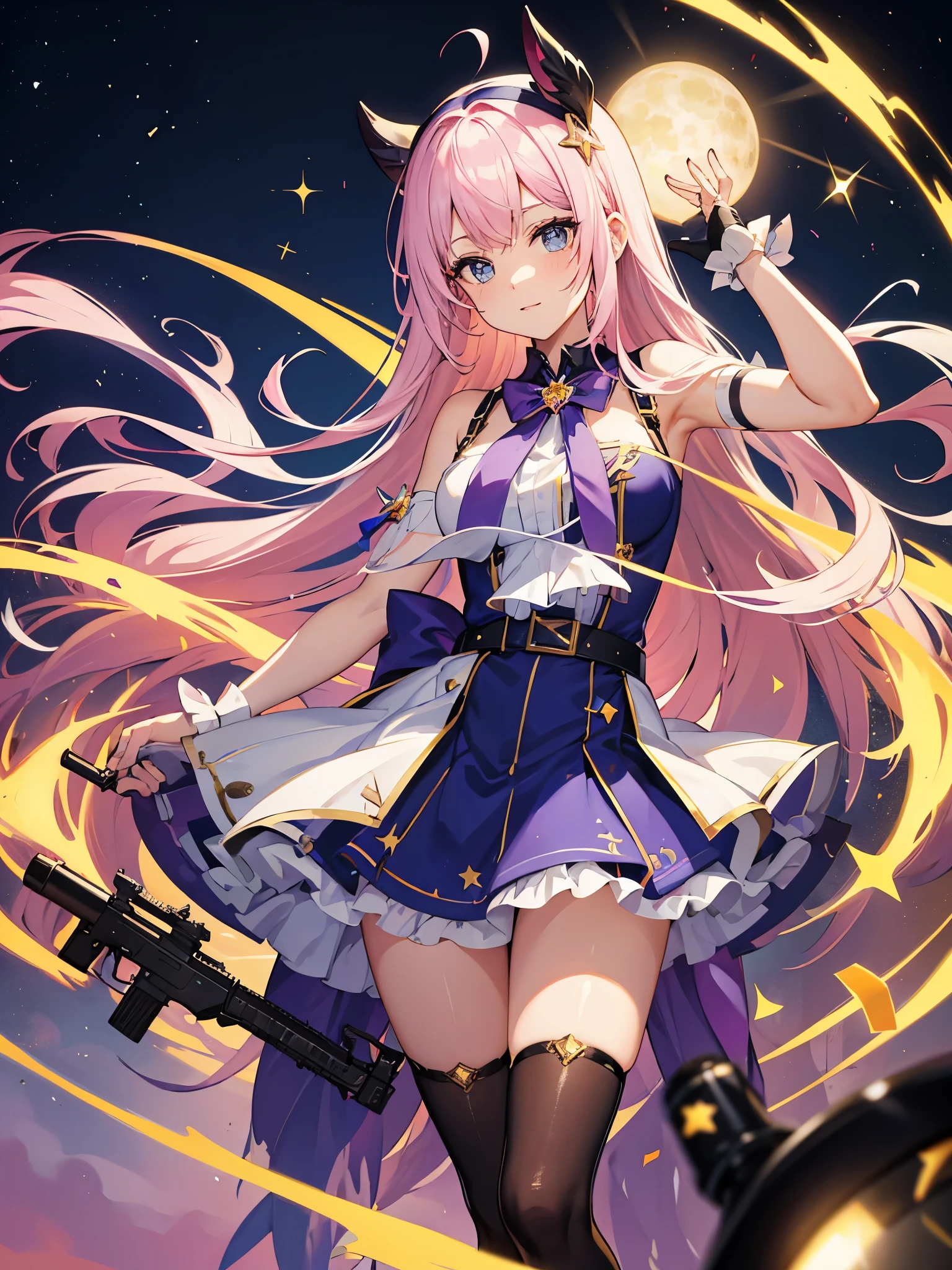 girls, FAMAS assault rifle, colorful hair, colorful eyes, ((french style dress)), idol, ((magical girl))