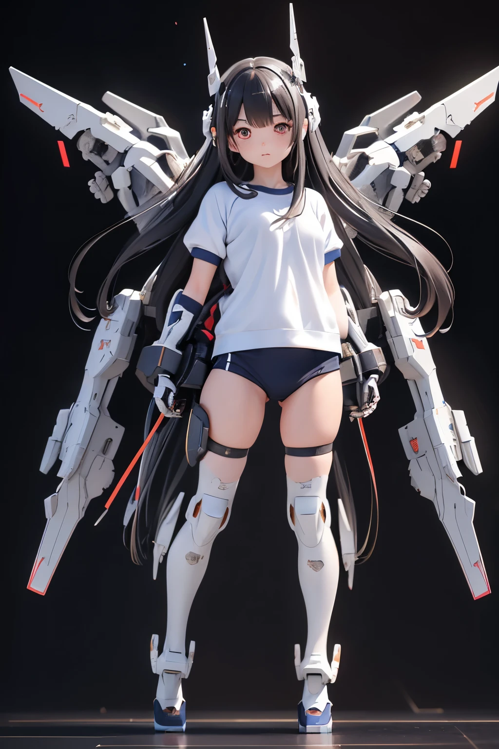 (highest quality)), ((masterpiece)), (very detailed: 1.3), 3D, {(1 young girl)}, (wear navy buruma and white gym uniform with colored hem under armor:1.3), (black hair:1.5), (She is fused with futuristic Gundam mecha:1.2), with headgear, with v-fin , armored shoulders,armored under arms, armored under legs, short sleeve, attached 2 huge weapons on back, legs mounted weapon module, multilayer textureperfect proportions, octane rendering, duotone lighting, Low ISO, wide aperture, White balance, Rule of thirds, ultra HD16k, HDR (High Dynamic Range), Ray Tracing, NVIDIA RTX, Super Resolution, Subsurface Scattering, PBR Texturing, Post Processing, Anisotropic Filtering, Depth of Field, Maximum Clarity and Clarity, High efficiency subpixel, subpixel convolution, particles of light, light scattered, Tyndall effect, full body:1.5, battle pose, cute, (cute:1.2), (long hair:1.3),太い眉毛, 薄い色の虹彩, 大きくて輝いている黒い瞳, 長いまつげ, 小さく薄い色の自然な唇, (Average face of Japanese idols), (日本人特有の童顔:1.3), (baby face), 広いおでこ:1.2, ふっくらした頬, 小さな顎, in the hangar,looking at viewer,Focus on the eyes , (完璧な4本の指, 親指1本),