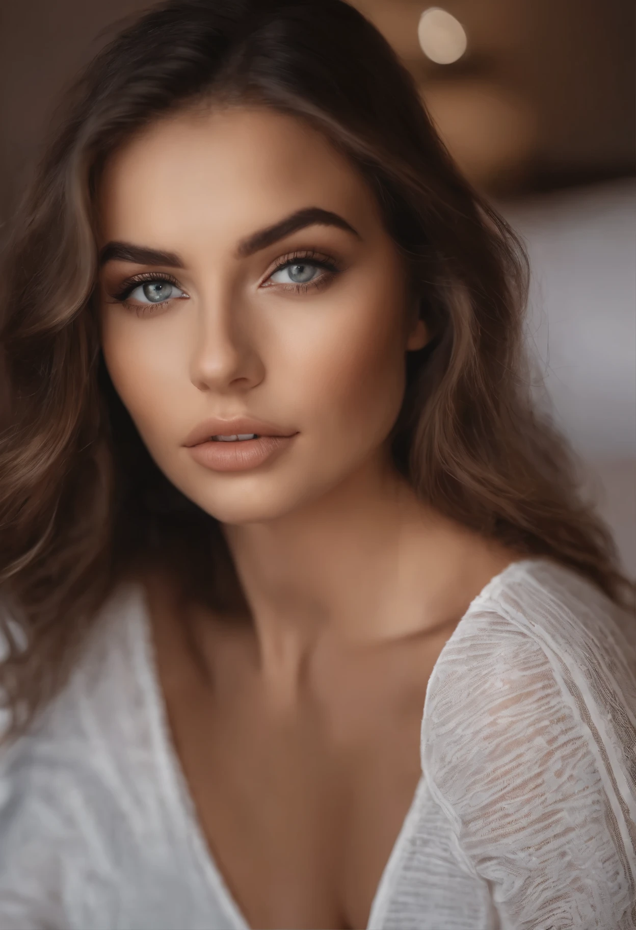 arafed femme pleinement , fille sexy aux yeux bruns, ultra réaliste, minutieusement détaillé, Portrait de Sophie Mudd, cheveux bruns et grands yeux, selfie d'une jeune femme, Les yeux de Dubaï, Violette Myers, sans maquillage, Maquillage naturel, regarder directement la caméra, visage avec artgram, maquillage subtil, superbe photo de tout le corps à genoux sur le lit, dans la chambre, buste de taille moyenne à grande