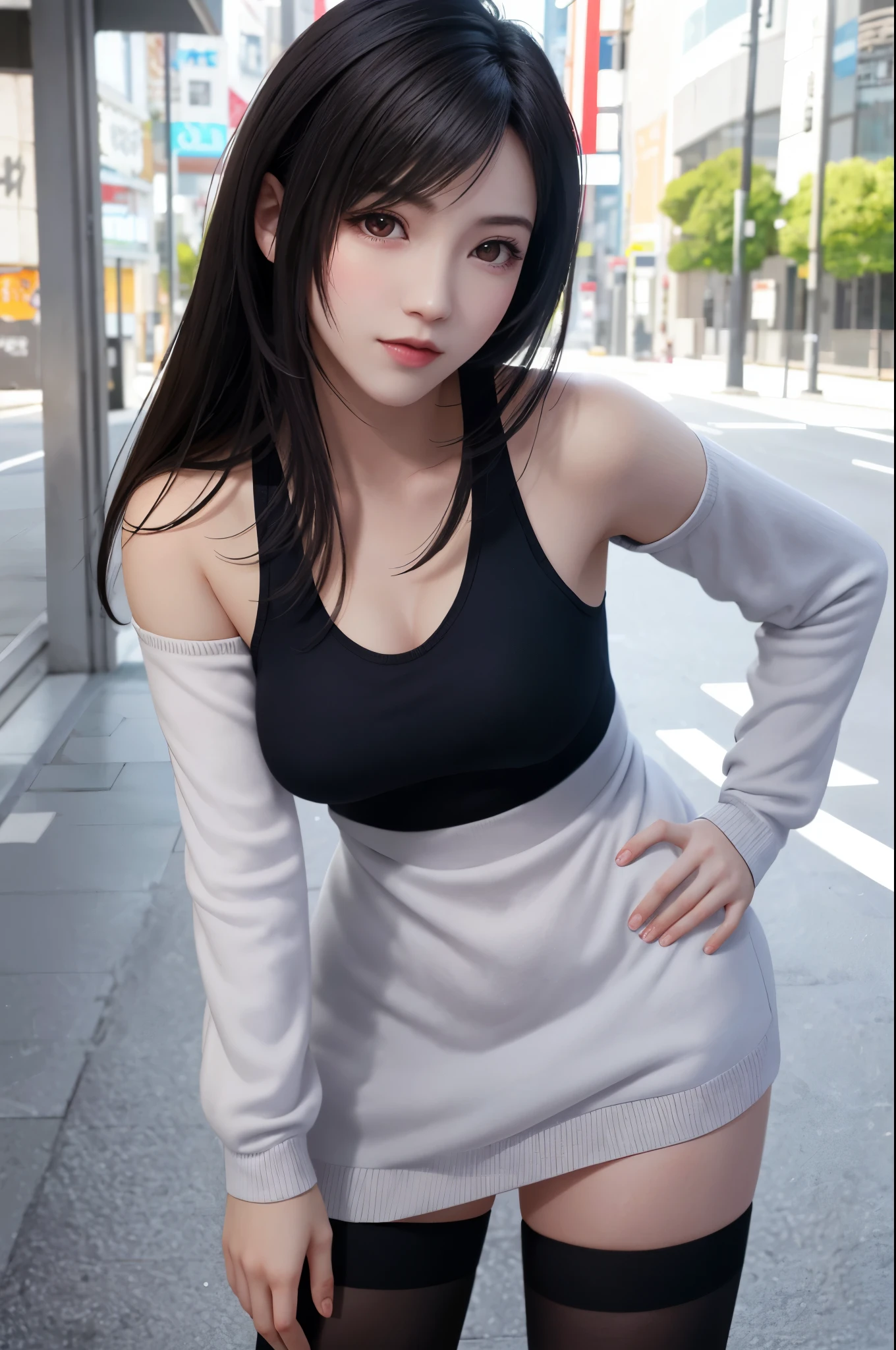 (top quality, masutepiece: 1.1), (Realistic: 1.3), (photoRealistic: 1.3), BREAK (((FF7,Tifa_lockhart))),(solo,Tifa:1.2),(loose knit dress:1.3,oversized sweater:1.3,long sleeve:1.2,white),(short pants),(tight very long boots:1.2),(background big city,shibuya:1.1,night:1.3,neon:1.2),(idol pose:1.3),nogizaka idol,Ultra-detailed face, Detailed eyes,Red eyes, BREAK (((FF7,Tifa_lockhart))),(black brown hair, Large breasts: 1.2), BREAK (no bra),(Small and beautiful hard nipple) , About 18 years old,kawaii,(face focus:1.0,face close up:1.0),sensual,zettai_ryouiki:1.1,looking at viewer,cowboy shot,behaind wall,standing