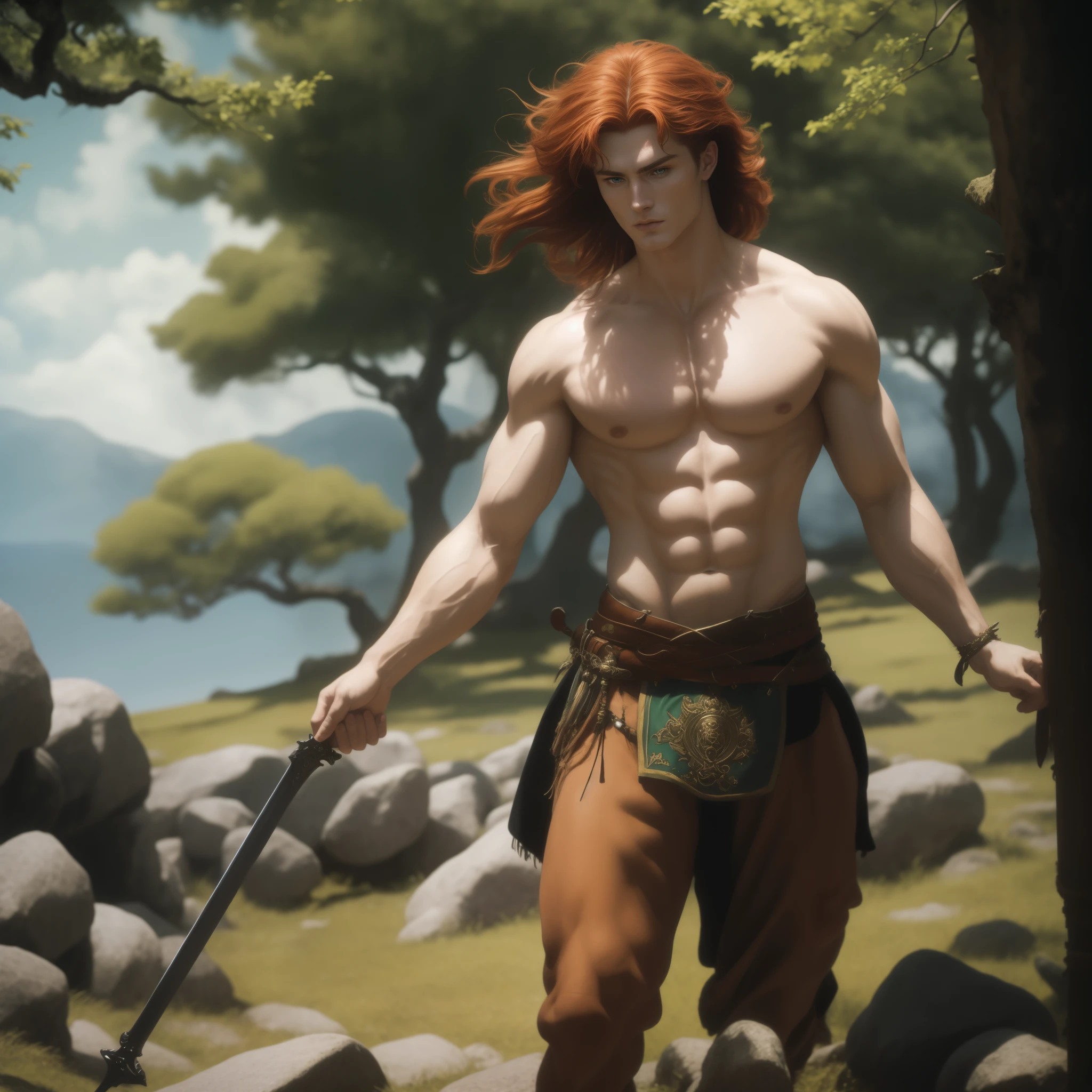 (best quality,4k,8k,highres,masterpiece:1.2),ultra-detailed, 1Man, Irish god Aengus Óg, dark auburn hair, pale skin, Shirtless, wearing brown trousers, on a Celtic battlefield, prideful eyes, intense, passionate, arrogant pose, fighting stance, laughing vainly, looking at viewer, drawn in the style of Yoshitaka Amano, HDR, 8k, absurdres, cinestill 800, sharp focus
