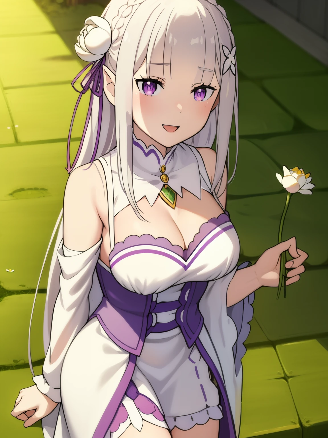 Emilia 
masterpiece, best quality,
1girl, :d, bangs, bare_shoulders, blush, bouquet, braid, breasts, cleavage, daisy, earrings, emilia_\(re:zero\), eyebrows_visible_through_hair, floral_background, flower, hair_flower, hair_ornament, holding, holding_bouquet, holding_flower, jewelry, lily_\(flower\), lily_pad, long_hair, looking_at_viewer, lotus, medium_breasts, necklace, open_mouth, pendant, purple_eyes, ribbon, silver_hair, single_braid, smile, solo, tulip, upper_body, white_flower, white_rose