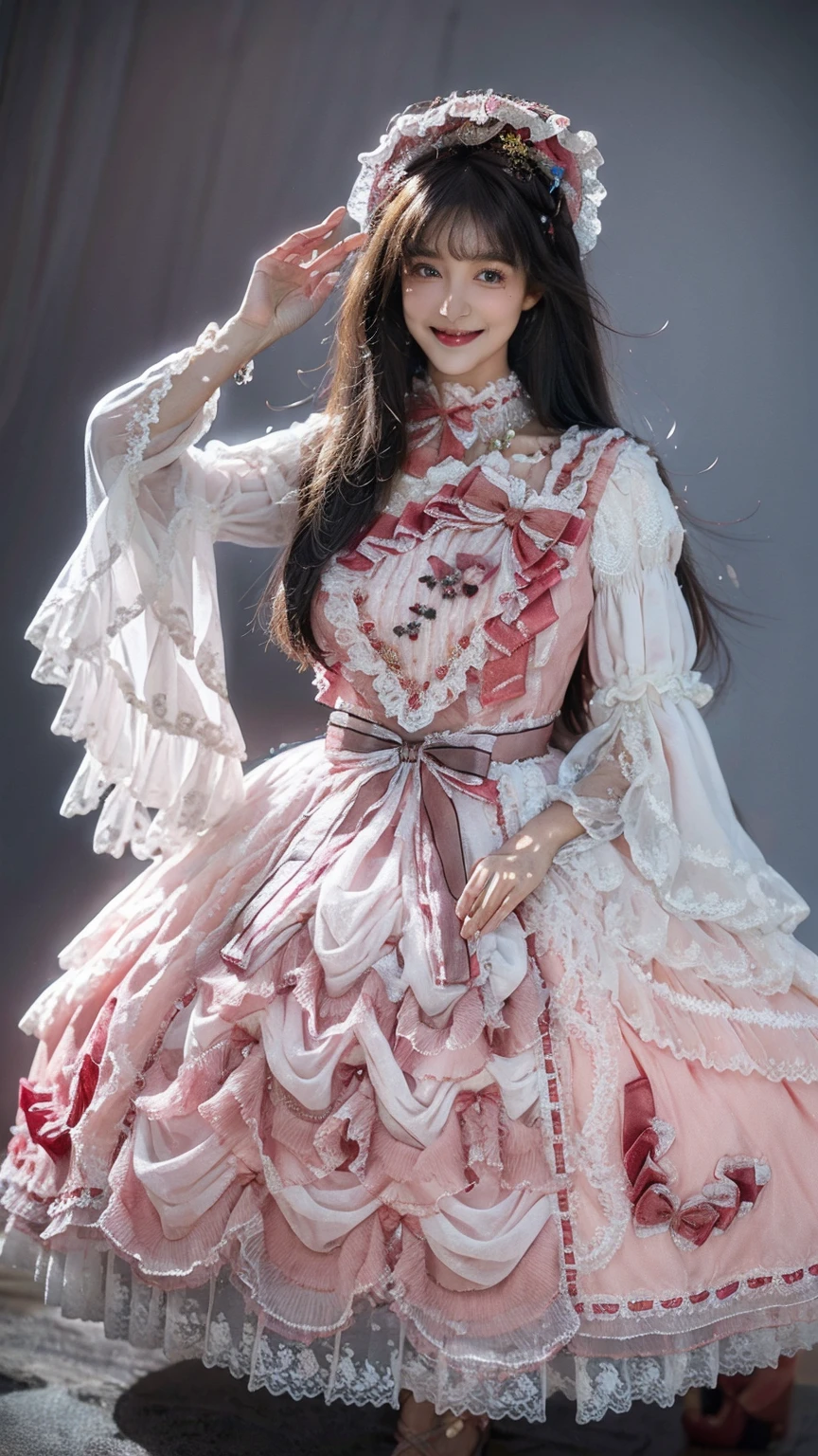 Best quality, masterpiece, ultra high res, (photorealistic:1.4), 1girl, solo, balck hair, straight hair, blunt bangs, looking at viewer, smile, long sleeves, layered dress, wrist cuffs, frills, puffy sleeves, lace-trimmed dress,red dress, necklace, jewelry, simple background,(Full Body),(cute face:1.5),(huge breasts:1.2),high-heels,big hips, medium thighs,