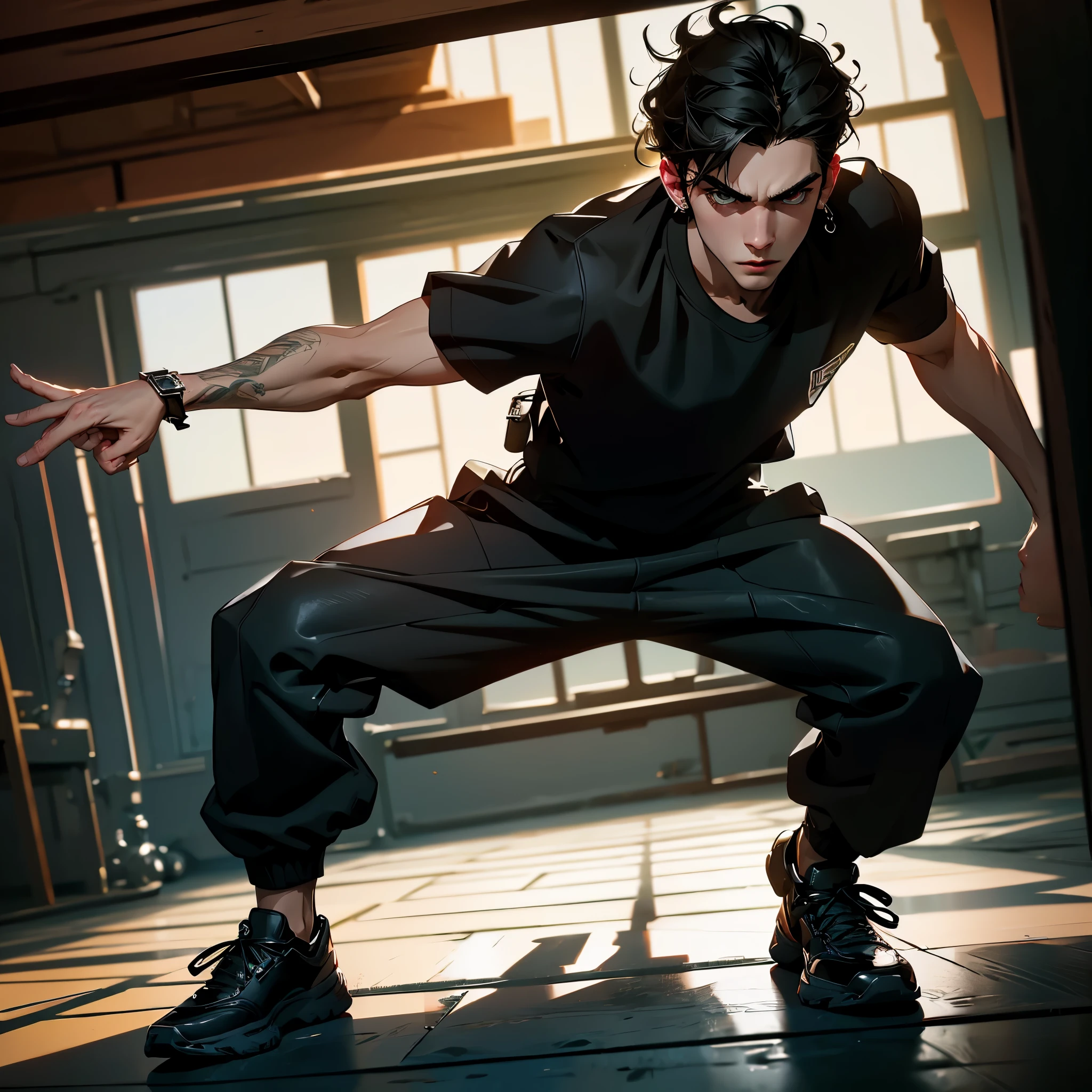 ((best quality)), ((masterpiece)), (detailed), perfect face, A fierce (male agent )1.2 in a fighting stance position, wearing (black cargo pants)1.4, (black shirt)1.2, (obscured face)1.3, analog style nofilter selfie, posing in an (indoor training area)1.2, (backlit)1.2, (film grain)1.2, cinematic movie still frame, black sneakers with white soles, various equipment in the background, insane detailed eyes,