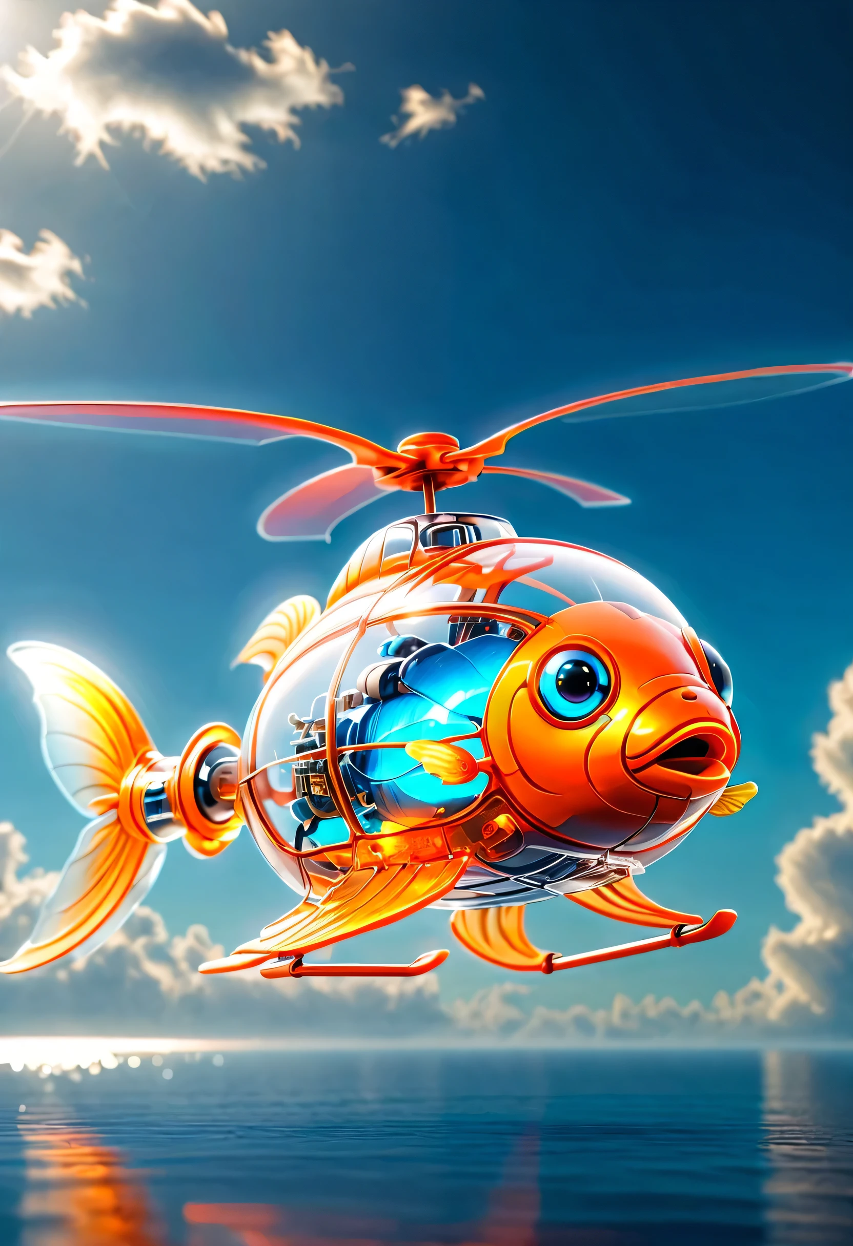 (best quality,high resolution:1.2),helicopter形状像金鱼,helicopter,Inspired by goldfish,Transparent mechanical goldfish,LED glowing eyes,Translucent windows,Demonstrate complex internal structure,metal reflection,dynamic poses,sharp focus.Optional moving rotor blades,fly in the sky, Dream clouds.