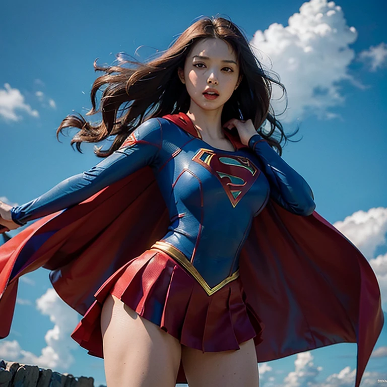 Masterpiece, highest quality, high resolution, solo presentation, superheroine, Supergirl, voluptuous figure, large breasts, shiny blue and red outfit, cape flowing in the wind, determined expression, powerful stance, arms raised high, ready for action.
