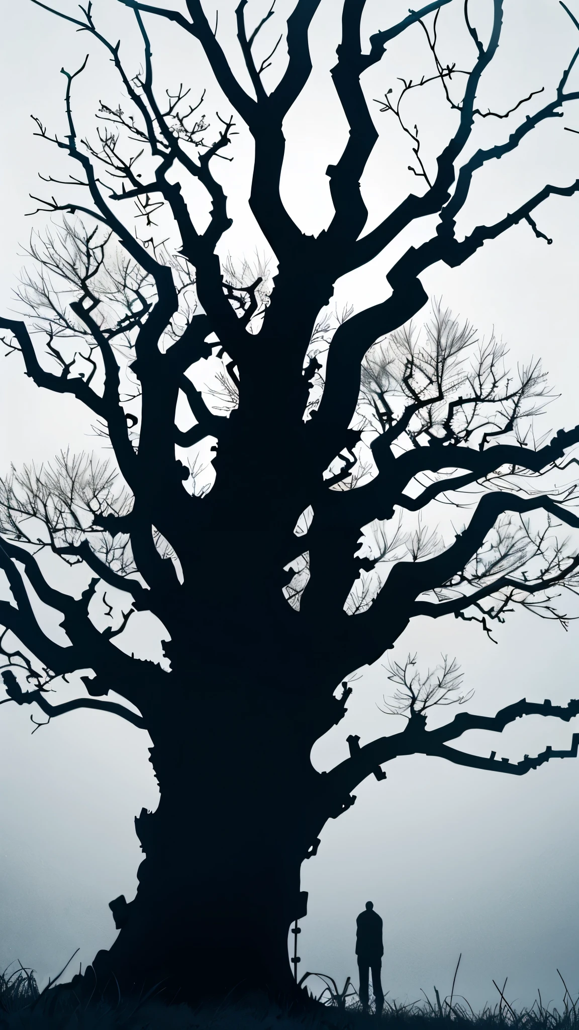 hyper realistic, silhouette of a spooky tree without leaves, gloomy environment