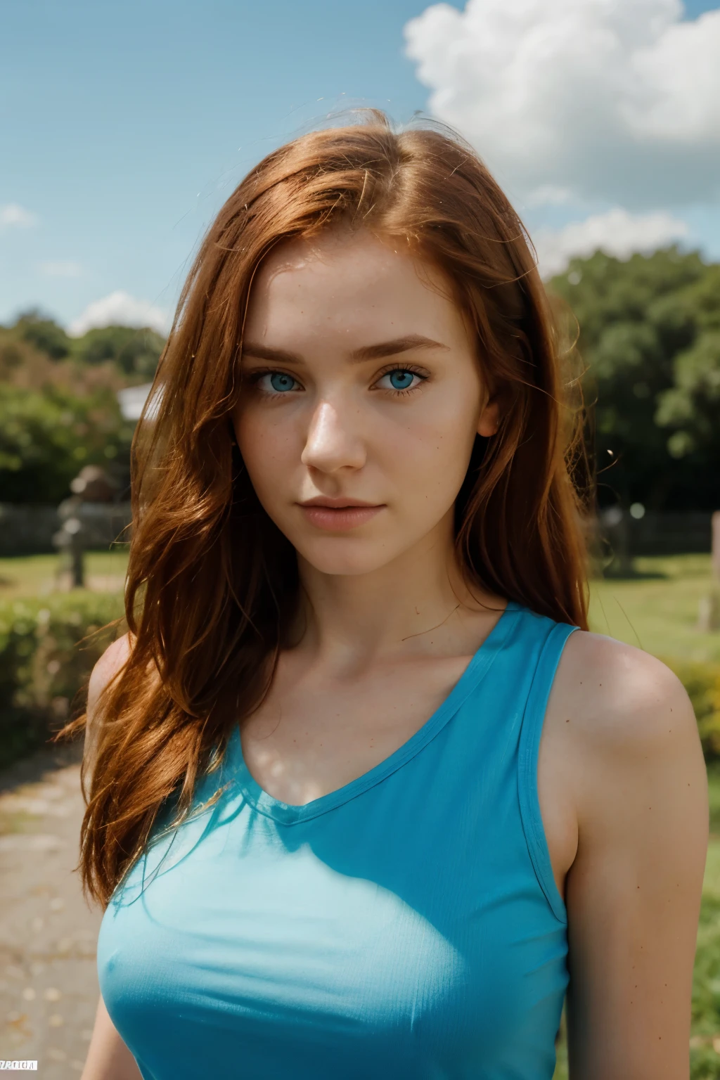 Photorealistic portrait of a young 22 year old Irish woman with long red hair and striking sky blue eyes. Frontal look, thin nose, wide forehead, oval face. It should have a natural, approachable expression and be illuminated by soft golden hour sunlight. The background should be a sunlit scene. Capture this image with high resolution photography using an 85mm lens for a flattering perspective.