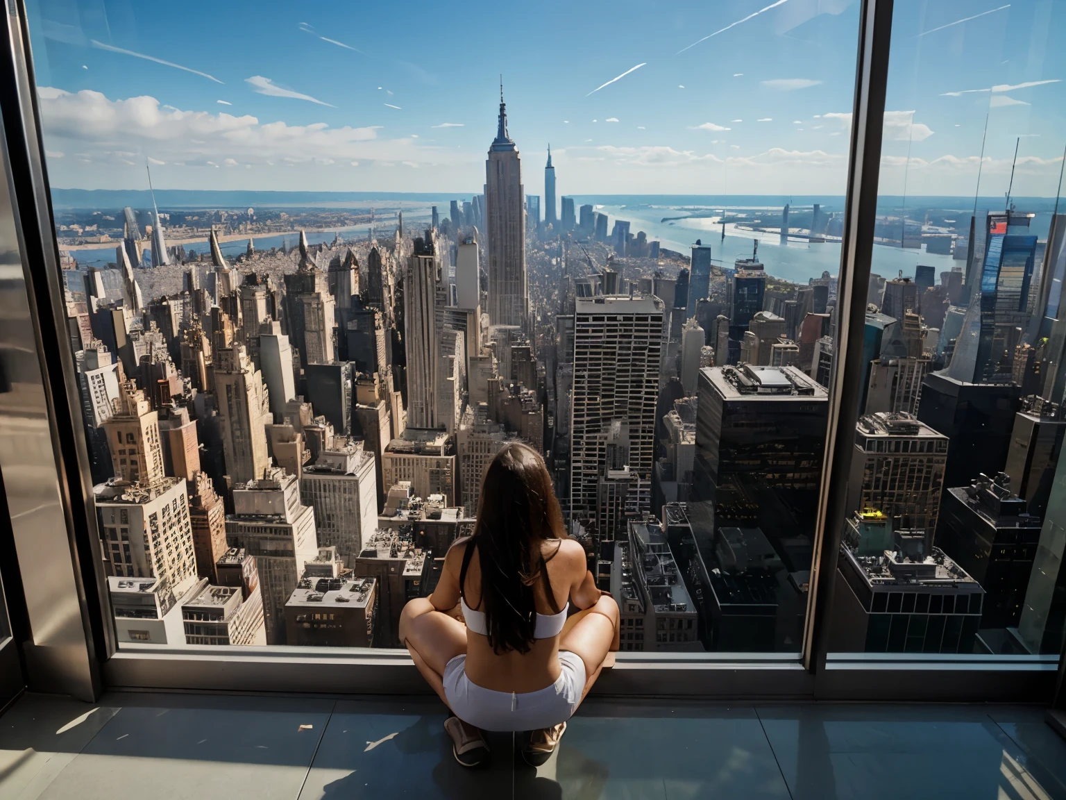 Located on the 108th floor of Shanghai Tower,13-year-old girl in a bikini kneeling by a floor-to-ceiling window,Look out the window