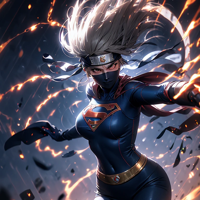 Masterpiece, highest quality, high resolution, solo presentation, superheroine, Supergirl, voluptuous figure, large breasts, shiny blue and red outfit, cape flowing in the wind, determined expression, powerful stance, arms raised high, ready for action.