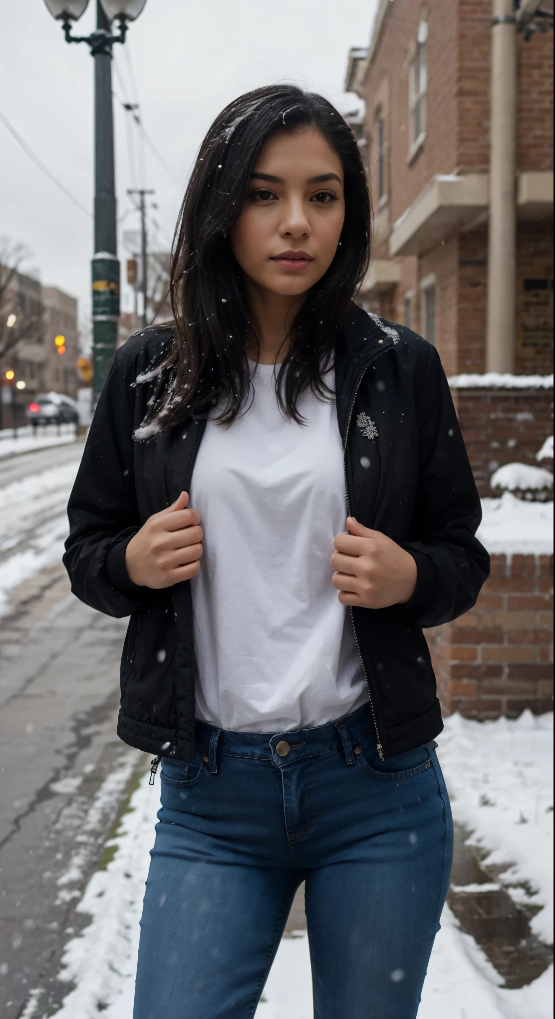 Beautiful Latina woman, in Philadelphia during snow storm, wearing black jeans, and a jacket 