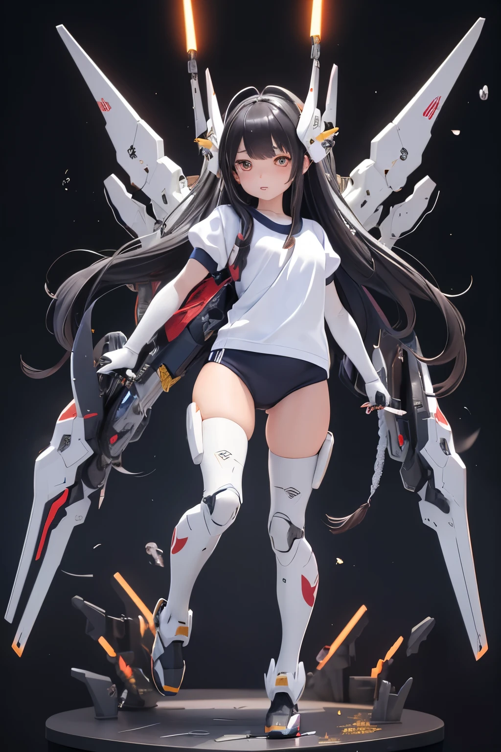 (highest quality)), ((masterpiece)), (very detailed: 1.3), 3D, {(1 young girl)}, (wear navy buruma and white gym uniform with colored hem under armor:1.3), (black hair:1.5), (She is fused with futuristic Gundam mecha:1.2), with headgear, with v-fin , armored shoulders,armored under arms, armored under legs, short sleeve, attached 2 huge weapons on back, legs mounted weapon module, multilayer textureperfect proportions, octane rendering, duotone lighting, Low ISO, wide aperture, White balance, Rule of thirds, ultra HD16k, HDR (High Dynamic Range), Ray Tracing, NVIDIA RTX, Super Resolution, Subsurface Scattering, PBR Texturing, Post Processing, Anisotropic Filtering, Depth of Field, Maximum Clarity and Clarity, High efficiency subpixel, subpixel convolution, particles of light, light scattered, Tyndall effect, full body:1.5, battle pose, cute, (cute:1.2), (long hair:1.3),太い眉毛, 薄い色の虹彩, 大きくて輝いている黒い瞳, 長いまつげ, 小さく薄い色の自然な唇, (Average face of Japanese idols), (日本人特有の童顔:1.3), (baby face), 広いおでこ:1.2, ふっくらした頬, 小さな顎, in the hangar,looking at viewer,Focus on the eyes , (完璧な4本の指, 親指1本),