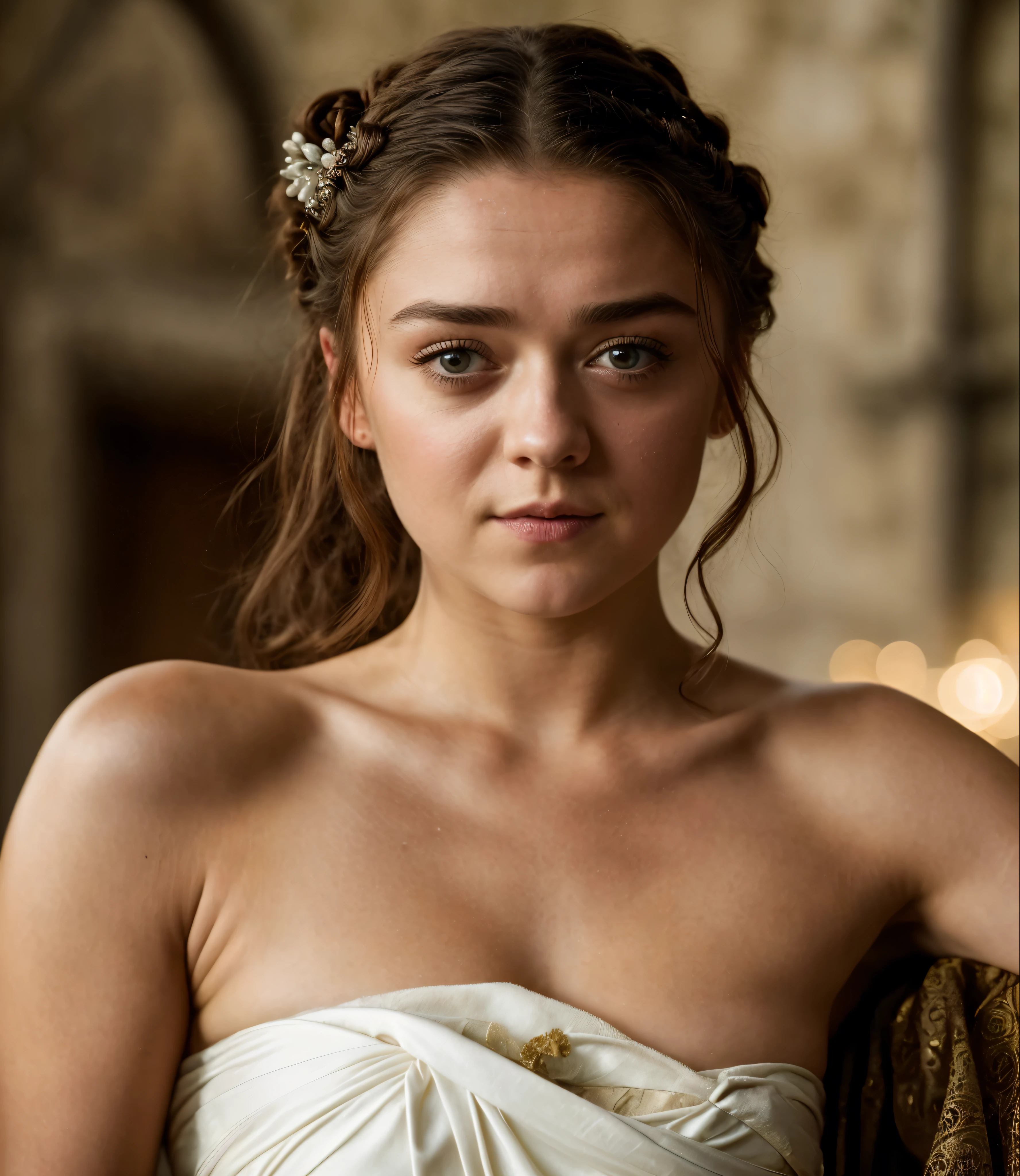 Foto RAW, Arya Stark, Extremely gorgeous lady, Arya Stark PLAYED BY MAISIE WILLIAMS, Queen Arya Stark, she a mature woman now, milf, sexy mediaeval battle dress, gladiator woman, body, 40 years old Woman, Roman slave dress, cotton dress, busty mediaeval costumes, body revealing costumes, perky breast, big natural breast, erotic costumes, lusty physique, seductive figure can capture every people's attention, Game of thrones costumes, revealing captivating figure, Mediaeval costumes, revealing clothes, A tomboy, she would rather fence than dance, warrior queen , game of thrones screen caps, Game of Thrones Series, (pele altamente detalhada: 1.2), 8k UHD, DSLR, soft-lighting, alta qualidade, grain of film, Fujifilm XT3, flawless picture, highly detailed, detailed Beauty, intricate, 32k, sharp picture,
