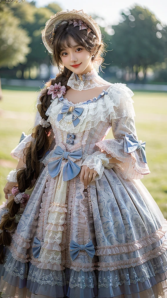 best quality, masterpiece, photorealistic, 1girl, solo, cowboy shot, standing, long black straight hair, blunt bangs, looking at viewer, smile, lo dress, long dress, layered dress, choker, bow, long sleeves,